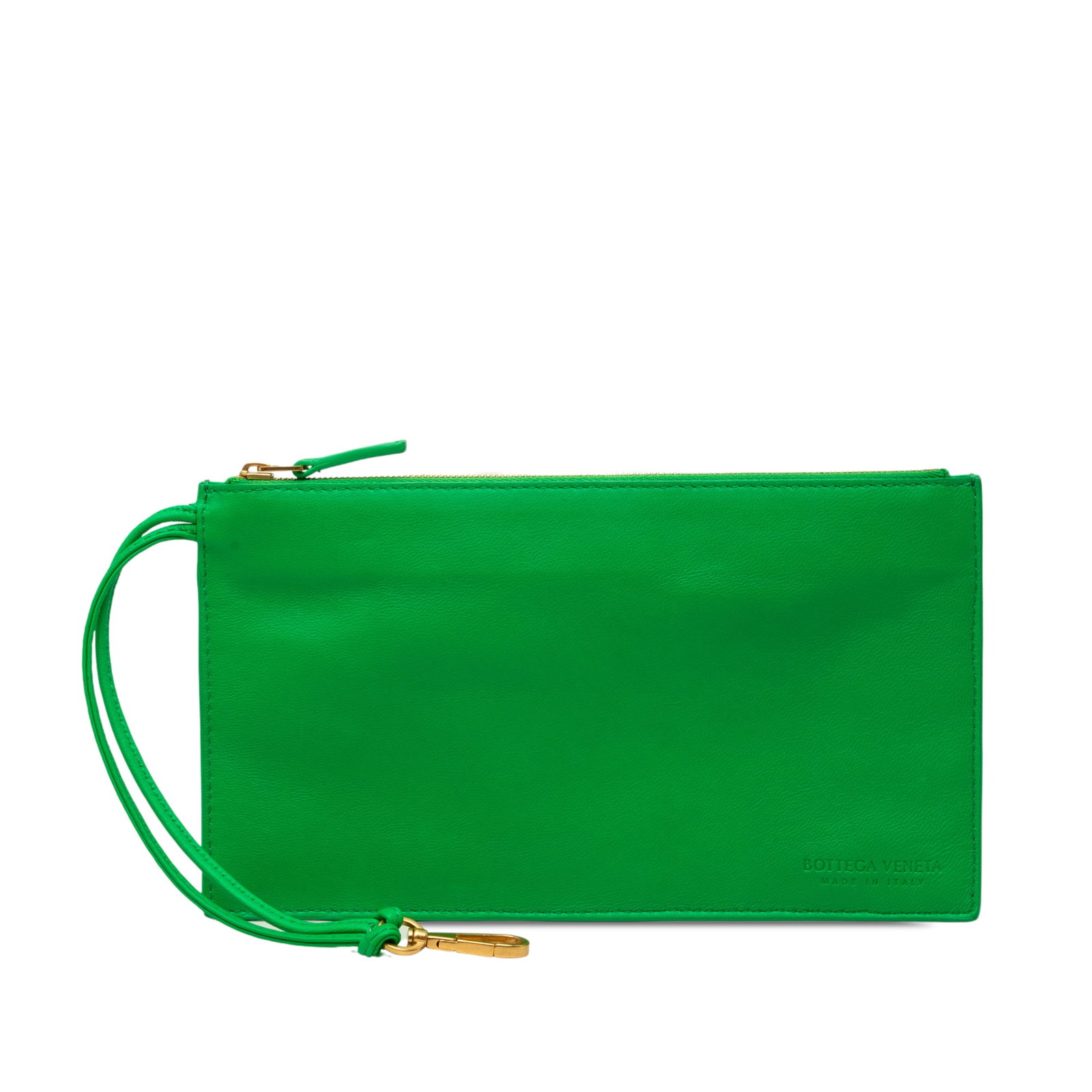 Green Leather Wristlet Pouch Bottega Veneta Zipped Pocket: Green Leather Wristlet Pouch Bottega Veneta Zipped Pocket A Bottega Veneta Leather Zipped Pocket Pouch in green leather with a flat leather strap and top zip closure. Made in Italy, this compact small