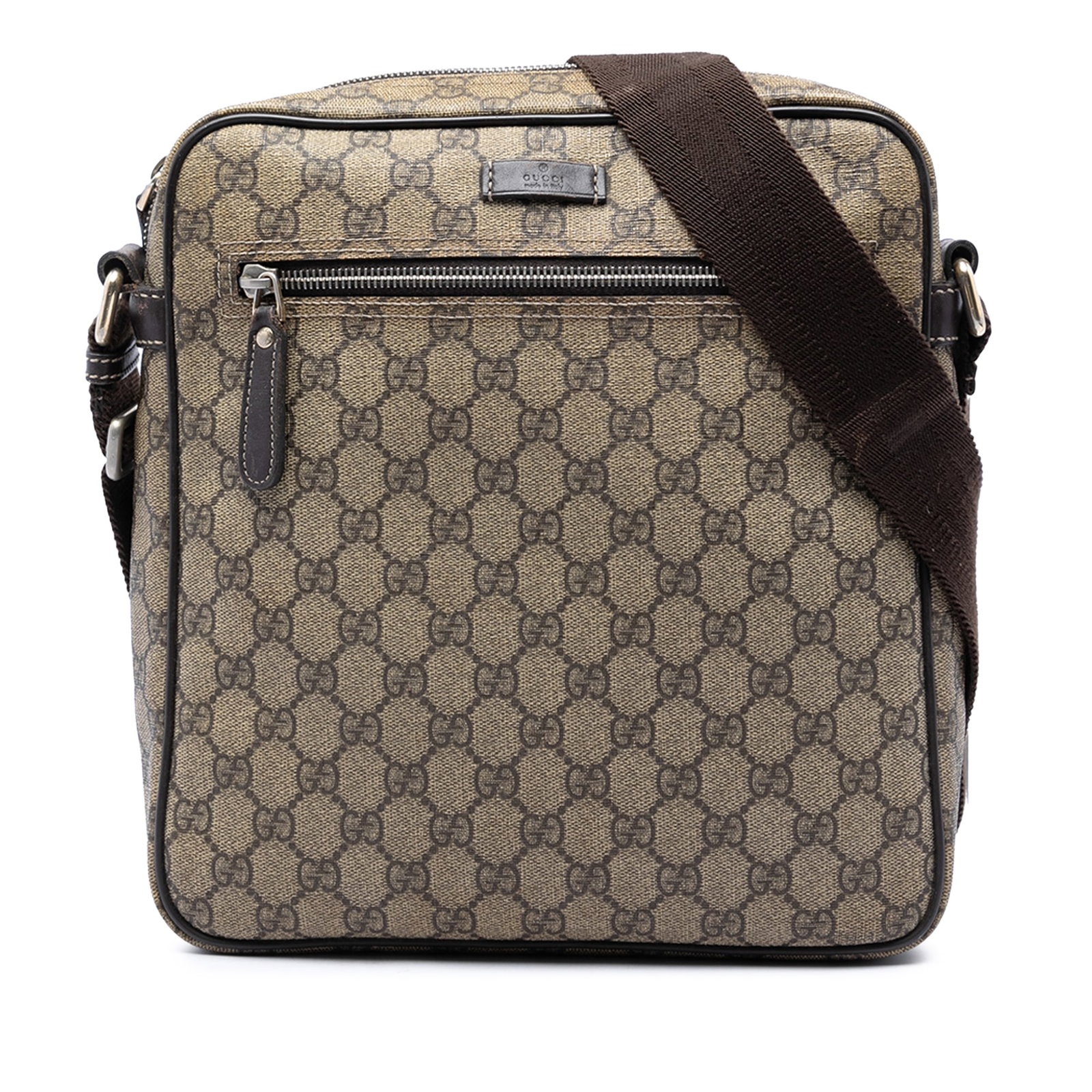 Gucci GG Supreme coated canvas crossbody bag beige: Gucci GG Supreme coated canvas crossbody bag beige Gucci GG Supreme Crossbody bag crafted with a coated canvas body and leather trim. This crossbody design features a flat strap, top zip closure, exte