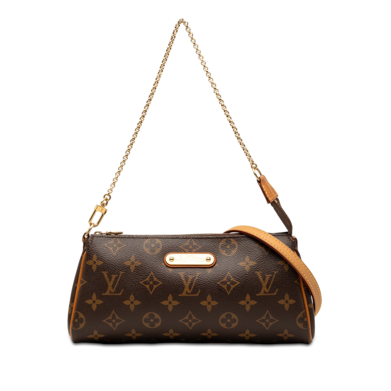 Louis Vuitton Monogram Eva shoulder bag with chain strap: Louis Vuitton Monogram Eva shoulder bag with chain strap Louis Vuitton Monogram Eva bag crafted with a monogram canvas body and vachetta leather trim. It features a chain link strap, a detachable flat