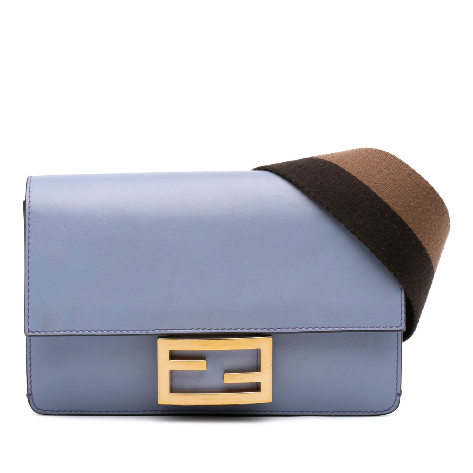 Fendi Calfskin Baguette Leather Crossbody Bag Blue: Fendi Calfskin Baguette Leather Crossbody Bag Blue Fendi Calfskin Flat Baguette Crossbody in blue leather with a flat canvas shoulder strap, front flap with magnetic snap closure, and interior card sl