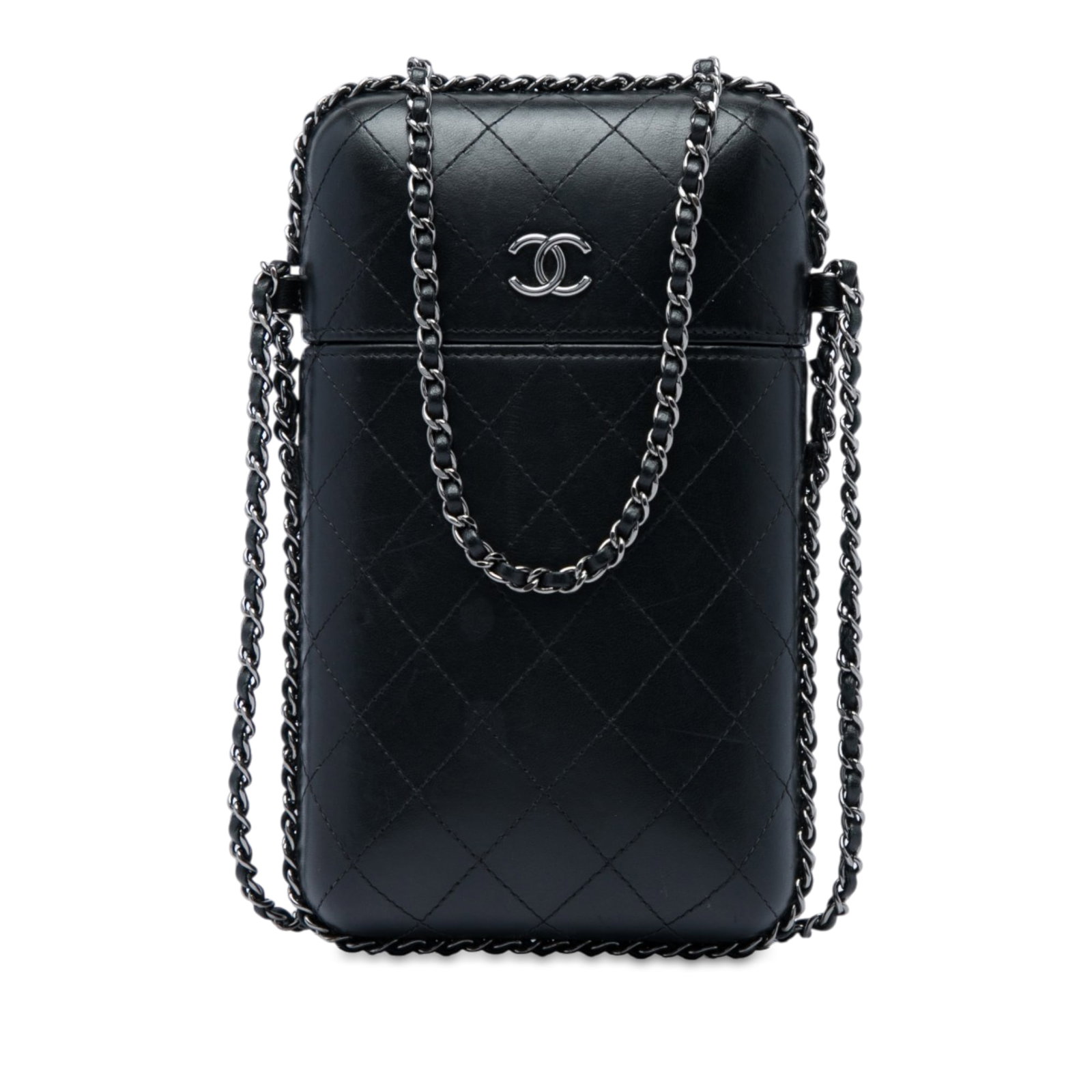 Chanel CC Chain Around Phone Holder Quilted Black Lambskin: Chanel CC Chain Around Phone Holder Quilted Black Lambskin Chanel CC Quilted Lambskin Chain Around Phone Holder in black leather with a quilted body, leather-woven chain strap, and top removable cap c