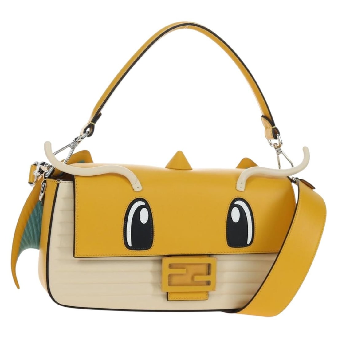 FENDI 8BR600 Mamma Baguette Shoulder Bag Yellow Leather Dragonite: FENDI 8BR600 Mamma Baguette Shoulder Bag Yellow Leather Dragonite FENDI x FRGMT x POKEMON Dragonite Mamma Baguette shoulder bag in yellow leather. This women's bag includes a dust bag and shoulder str