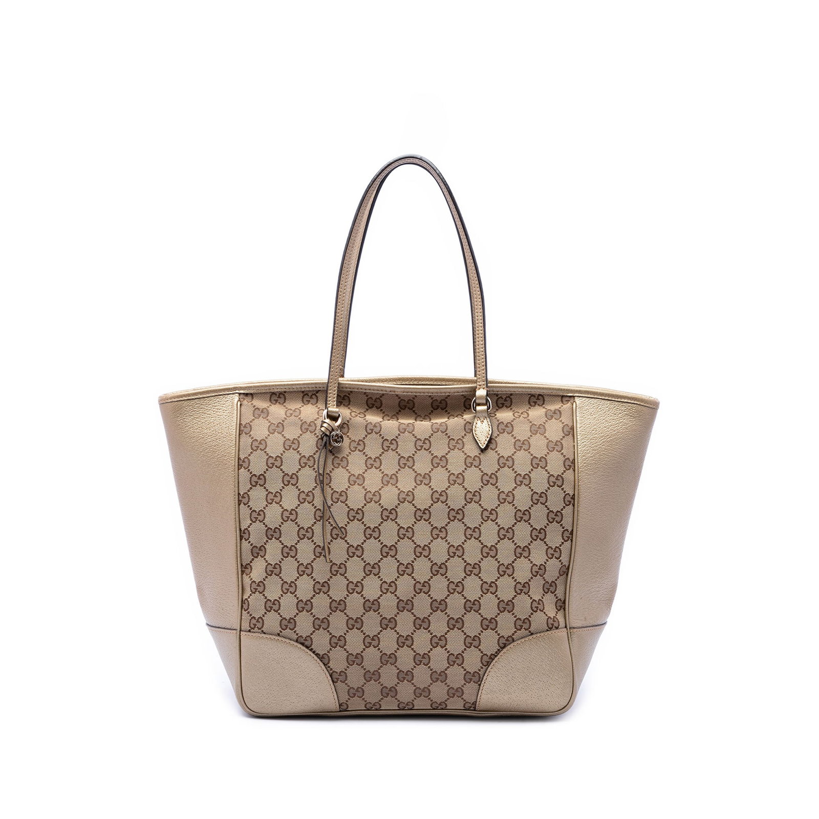 Gucci Bree Tote Beige GG Canvas Metallic Calfskin Bag: Gucci Bree Tote Beige GG Canvas Metallic Calfskin Bag Gucci Bree tote crafted with a GG canvas body and metallic calfskin leather trim. This tote features flat leather handles, a top zip closure, and 
