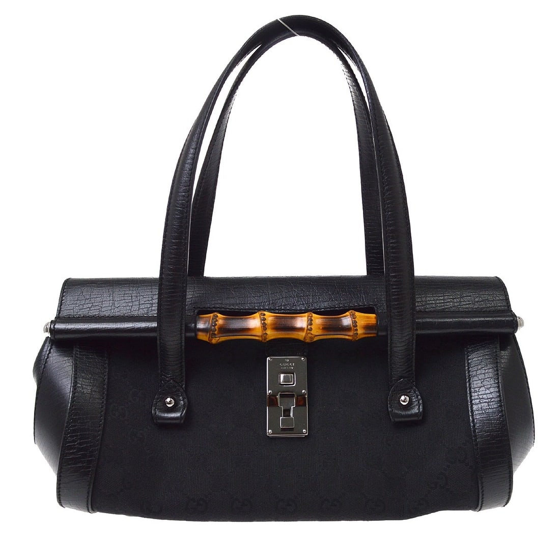 Gucci GG Canvas Bamboo Top Handle Bag Black 111713 8444: Gucci GG Canvas Bamboo Top Handle Bag Black 111713 8444 Gucci bamboo top handle handbag in black GG canvas with leather trim and double handles. Made in Italy, this women's bag features a structured s