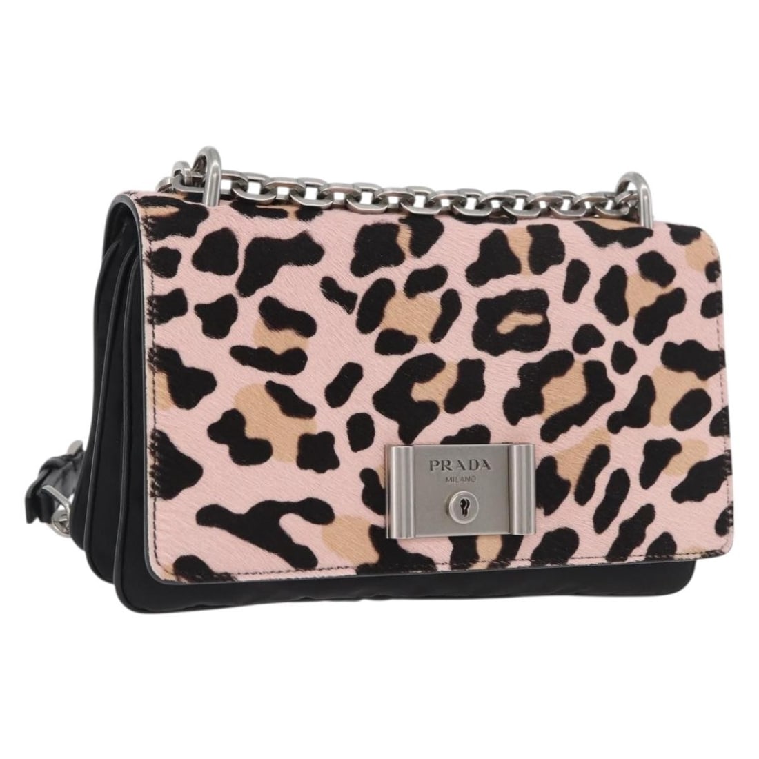 PRADA pink silver shoulder bag in unborn calf skin chain strap: PRADA pink silver shoulder bag in unborn calf skin chain strap Prada chain shoulder bag in pink and silver, made from unborn calf skin and crafted in Italy. It features a shoulder strap drop of approx