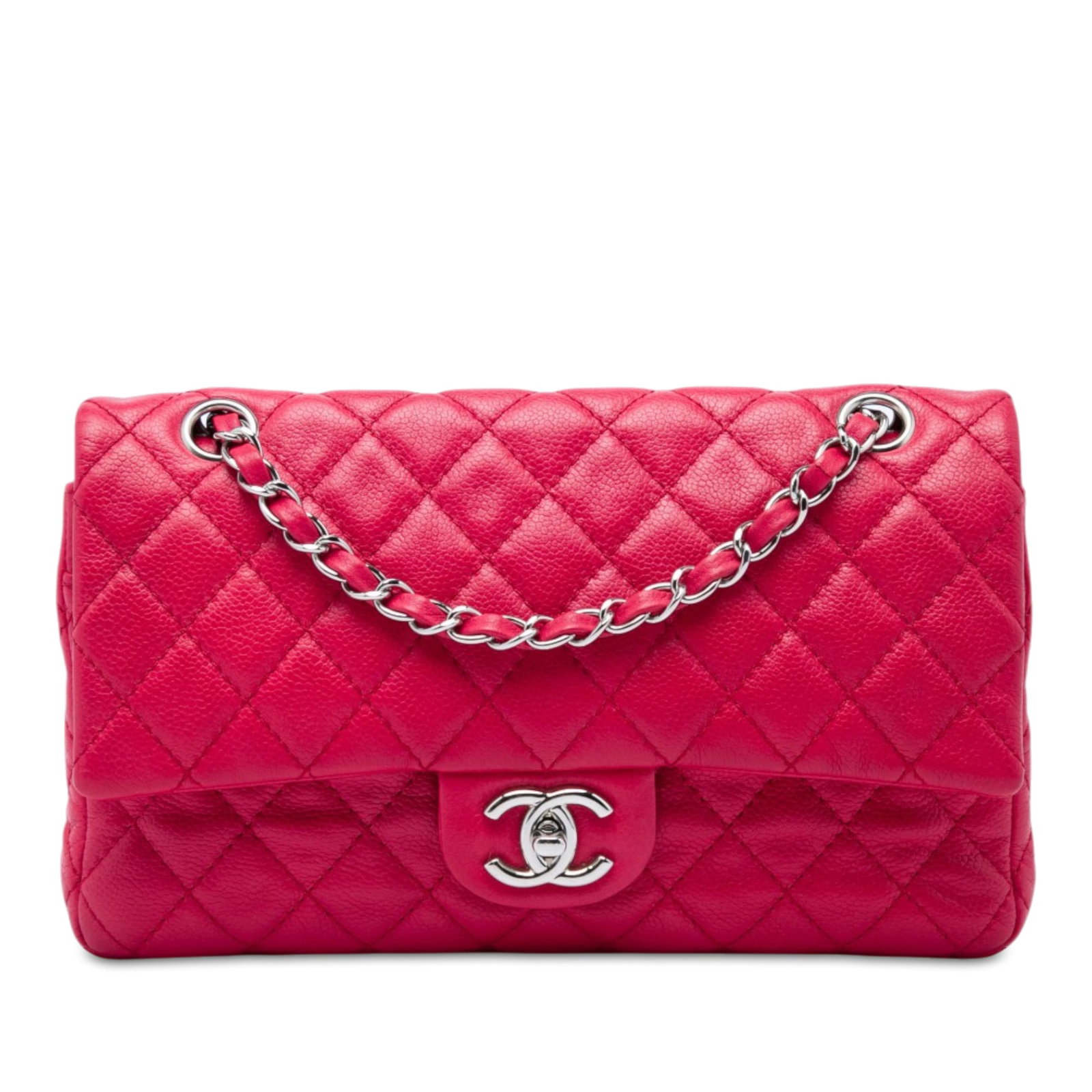 Chanel Medium Classic Double Flap Shoulder Bag Pink Caviar Leather: Chanel Medium Classic Double Flap Shoulder Bag Pink Caviar Leather A Chanel Medium Classic Double Flap shoulder bag crafted in pink quilted caviar leather. It features a leather-woven chain strap, dou