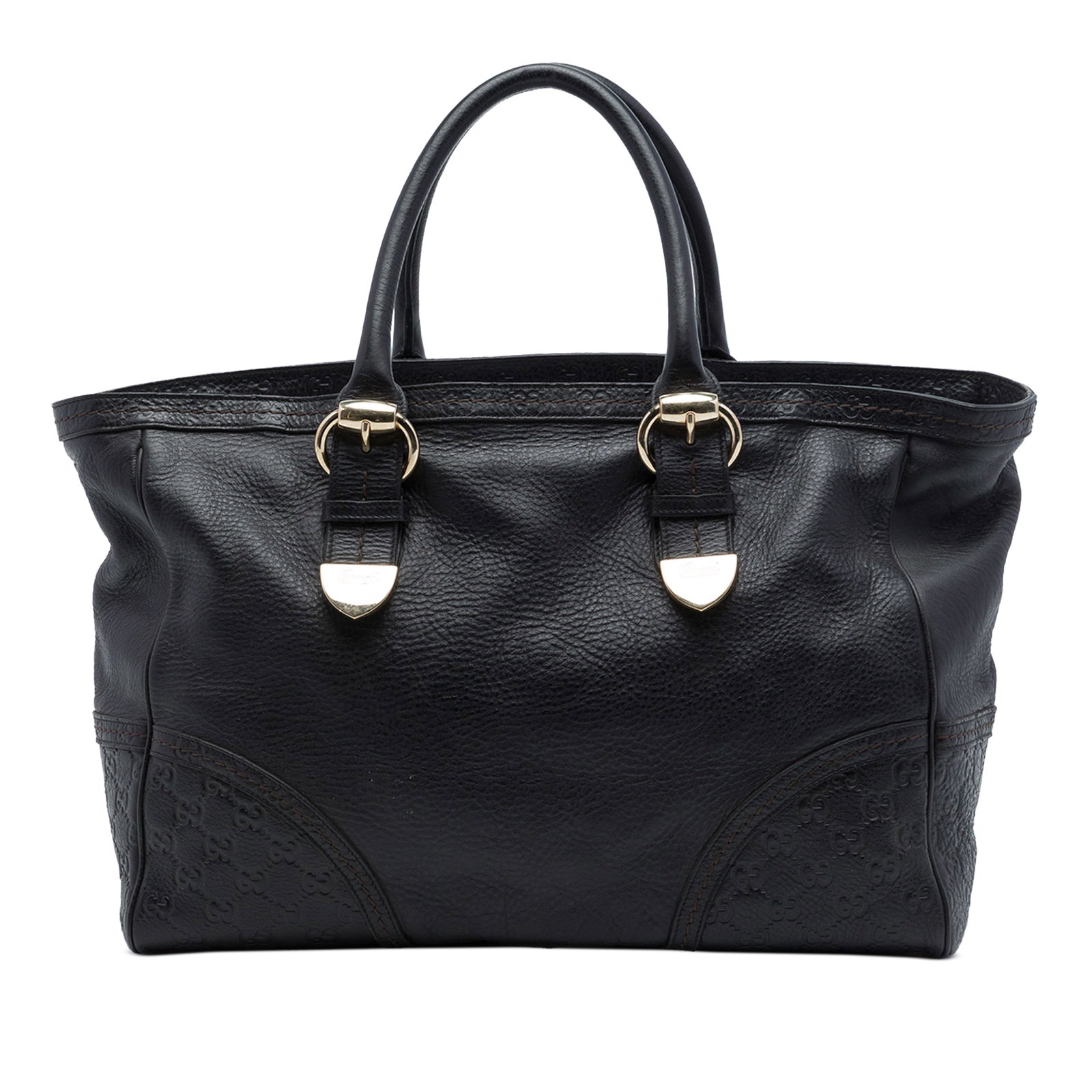 Gucci Signoria Tote in Black Guccissima Calfskin Leather: Gucci Signoria Tote in Black Guccissima Calfskin Leather A Gucci Signoria tote crafted in black leather with Guccissima trim. This structured tote features rolled leather handles, a top zip closure, a