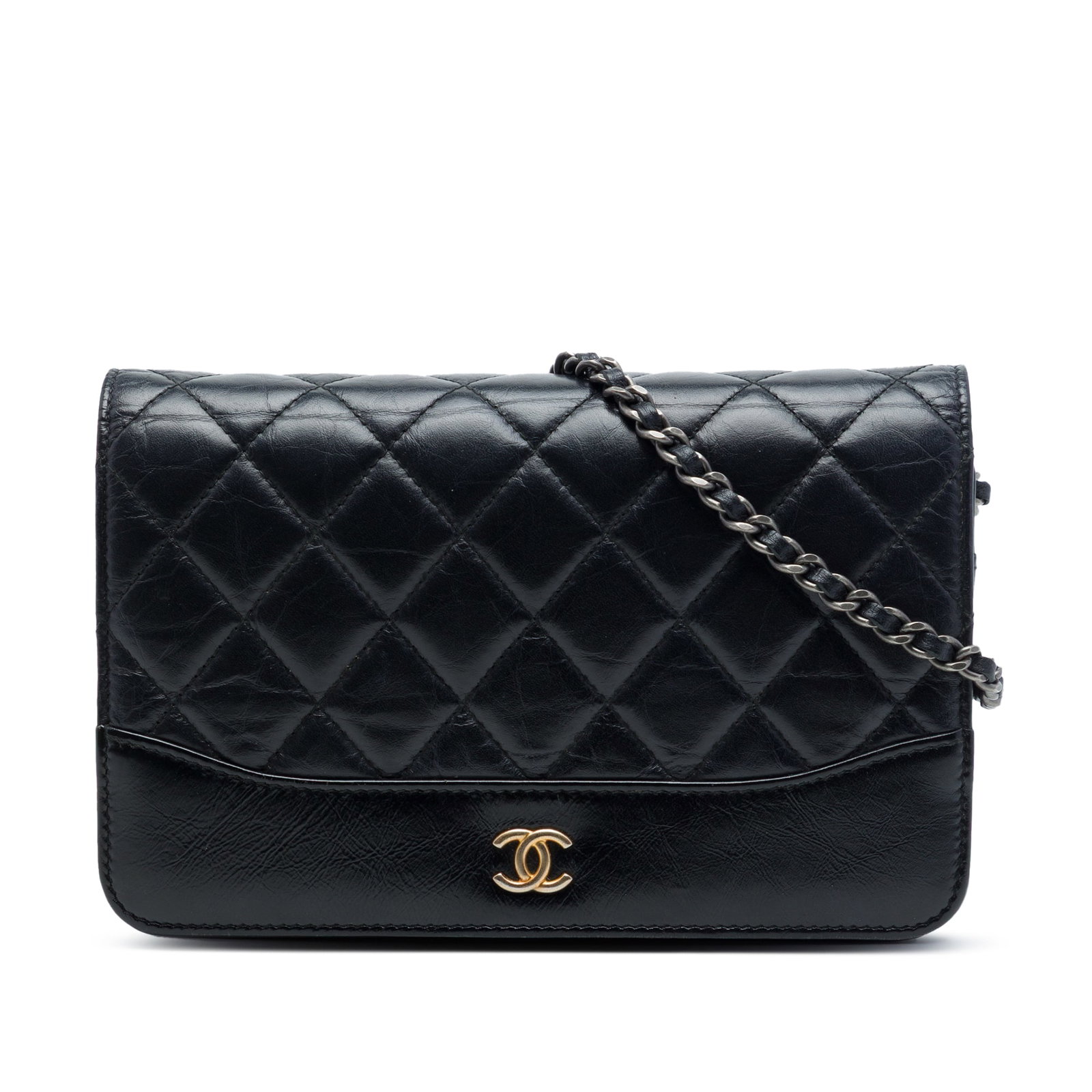 Chanel Gabrielle Wallet on Chain in Black Quilted Aged Calfskin: Chanel Gabrielle Wallet on Chain in Black Quilted Aged Calfskin Chanel Gabrielle wallet on chain in black quilted aged calfskin leather. This piece features a leather-woven chain strap, front flap wit