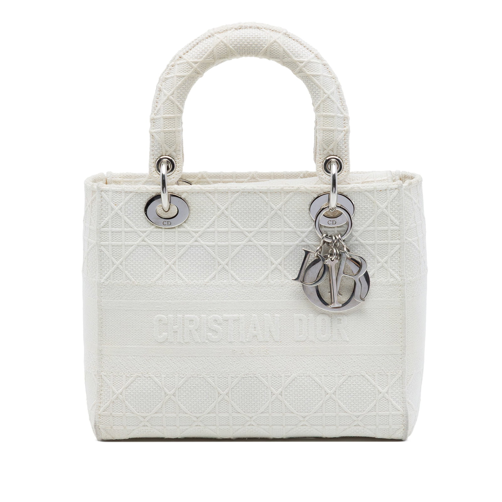 Dior Lady D Lite Medium Cannage Embroidered Canvas Bag: Dior Lady D Lite Medium Cannage Embroidered Canvas Bag The Lady D-Lite is a medium handbag crafted in embroidered canvas with the Cannage pattern. It features flat top handles, a fold-in flap closure,