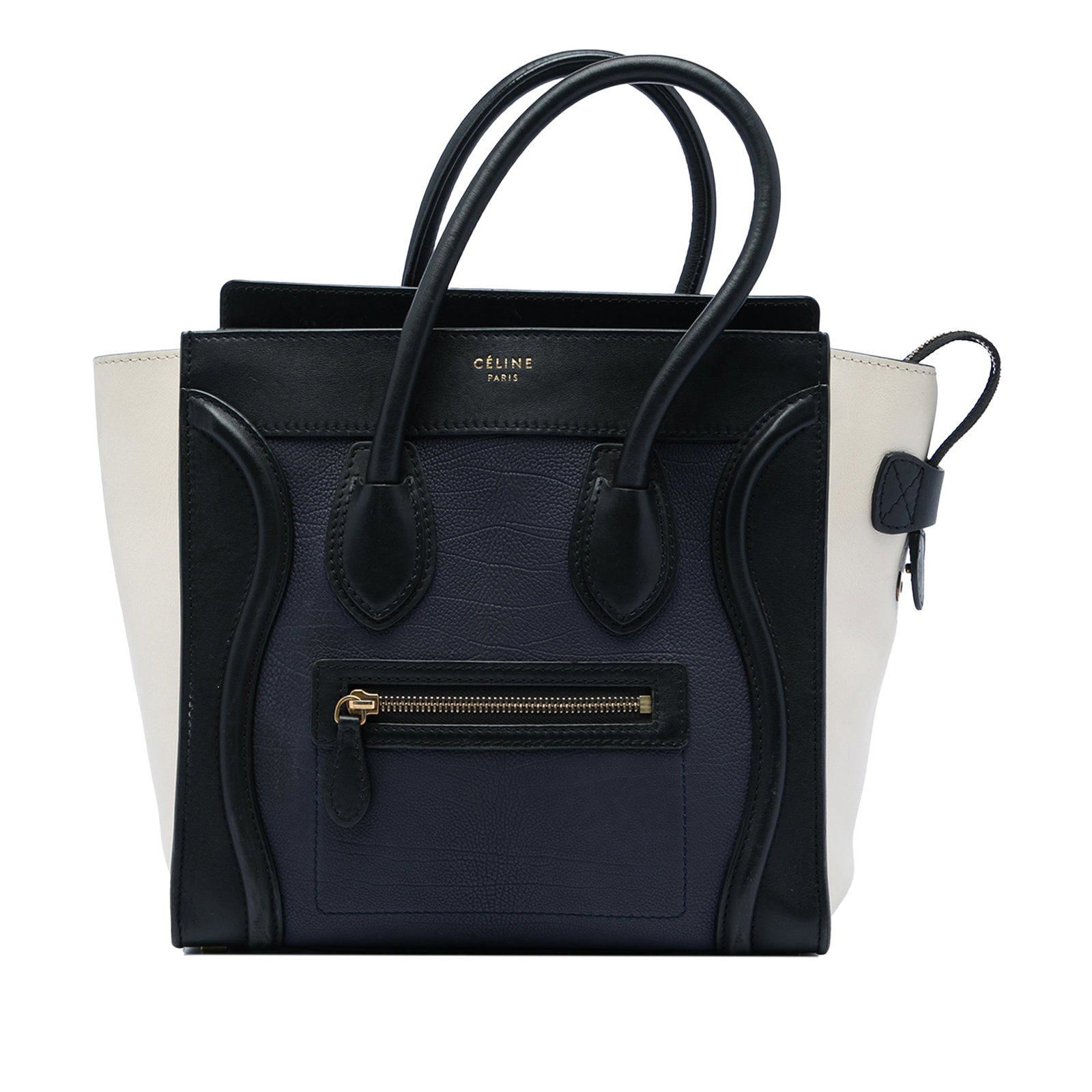 Celine Micro Luggage Tote Blue Tricolor Leather Bag: Celine Micro Luggage Tote Blue Tricolor Leather Bag A Celine Micro Tricolor Luggage Tote crafted in leather with a structured silhouette. This handbag features rolled leather handles, a top zip closur