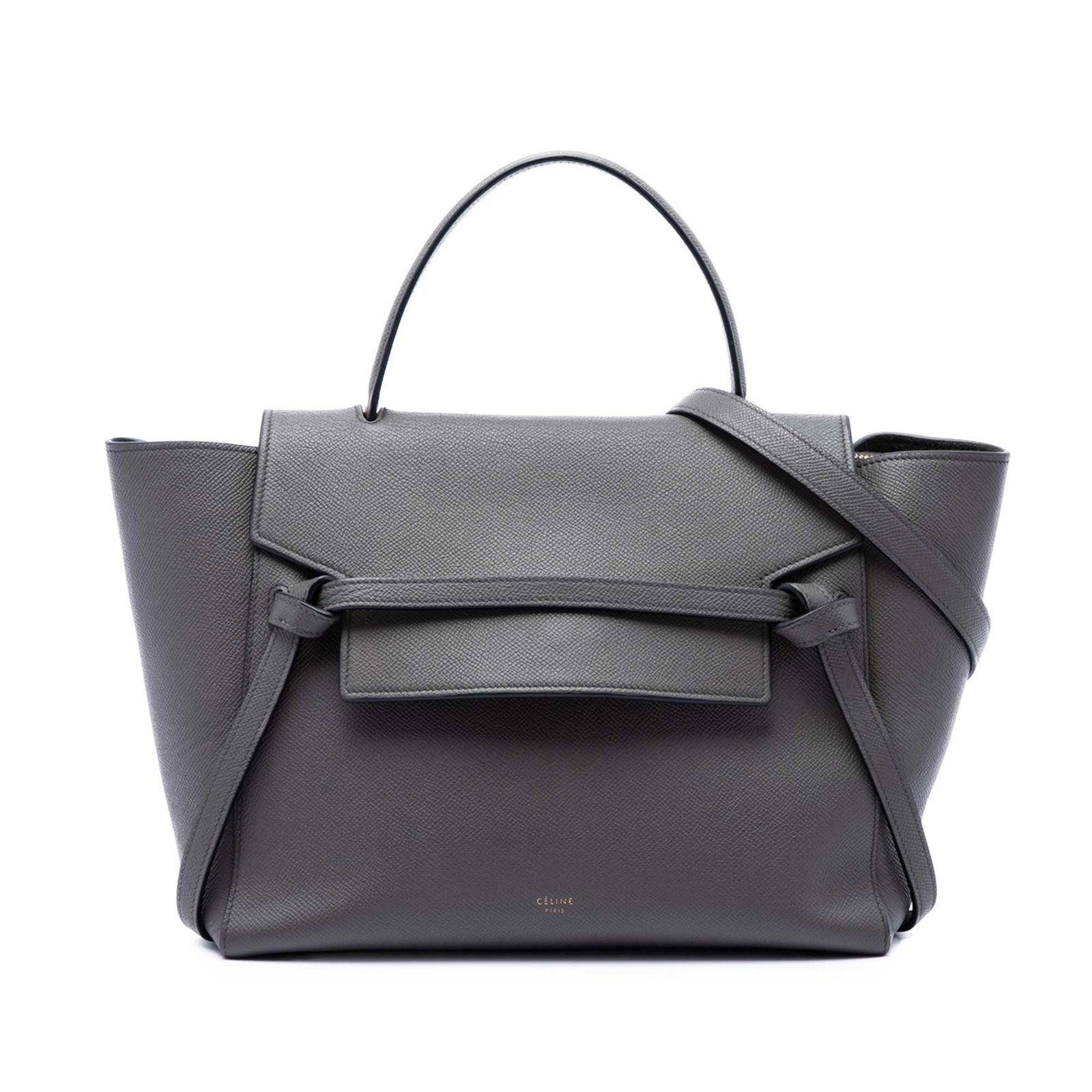 Celine Mini Belt Bag Gray Leather Satchel: Celine Mini Belt Bag Gray Leather Satchel Celine Mini Belt Bag satchel crafted in gray leather with a structured silhouette. It features a flat leather top handle, a detachable flat leather strap, a f