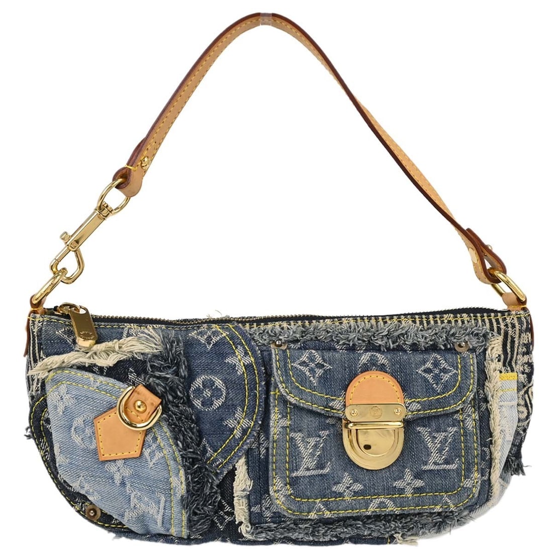 Louis Vuitton Pouchy Blue Monogram Denim Shoulder Bag M95382: Louis Vuitton Pouchy Blue Monogram Denim Shoulder Bag M95382 Louis Vuitton Pouchy handbag in blue Monogram denim patchwork with beige handle straps and a zip closure. The bag features logo accents, on