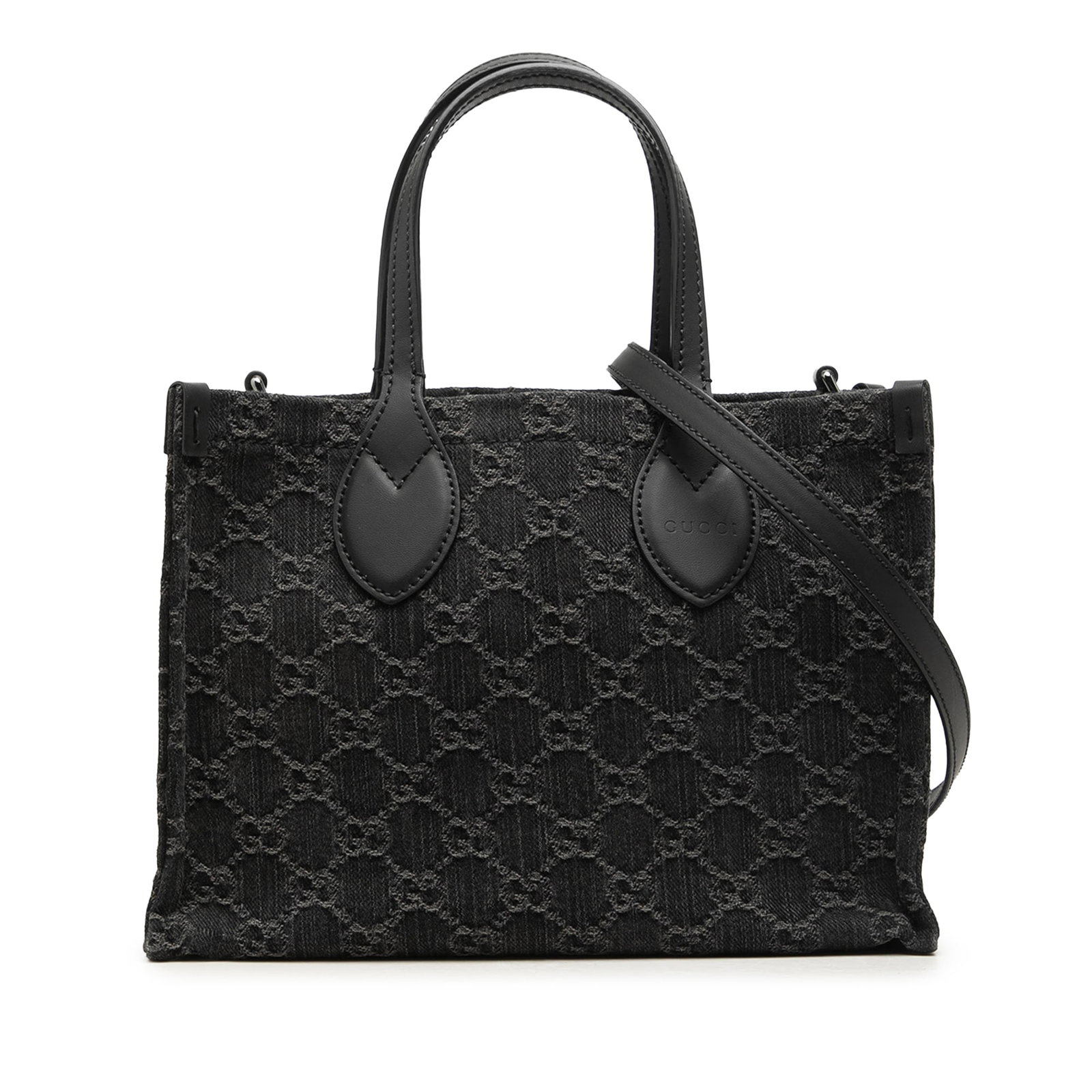 Gucci Ophidia Medium GG Denim Tote Bag with Leather Strap: Gucci Ophidia Medium GG Denim Tote Bag with Leather Strap Gucci Medium GG Denim Ophidia Tote in black fabric with leather trim. This tote features flat leather handles, a detachable flat leather strap