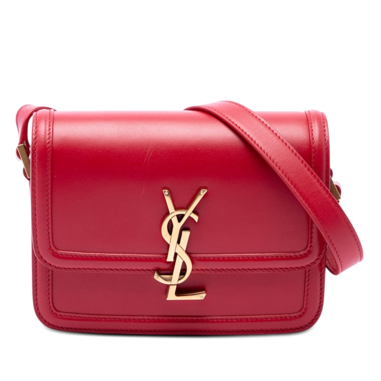 Saint Laurent Solferino small red leather satchel: Saint Laurent Solferino small red leather satchel Small Saint Laurent Solferino satchel crafted in calfskin leather with a structured flap silhouette. The bag features an adjustable flat leather strap