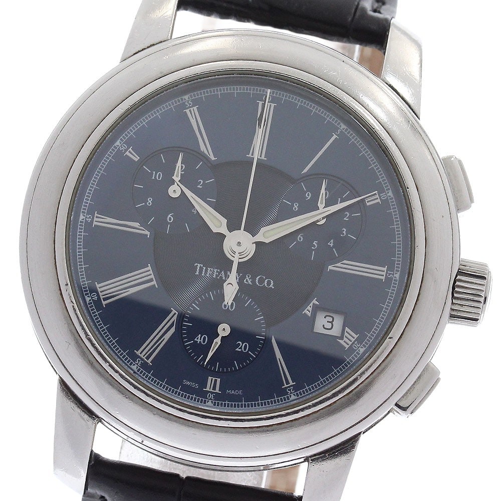 Tiffany Co Mark Mens Quartz Chronograph Wristwatch Date Navy Dial: Tiffany Co Mark Mens Quartz Chronograph Wristwatch Date Navy Dial Tiffany & Co. Mark men's wristwatch with a quartz movement and navy dial. This chronograph model includes a date display and small sec