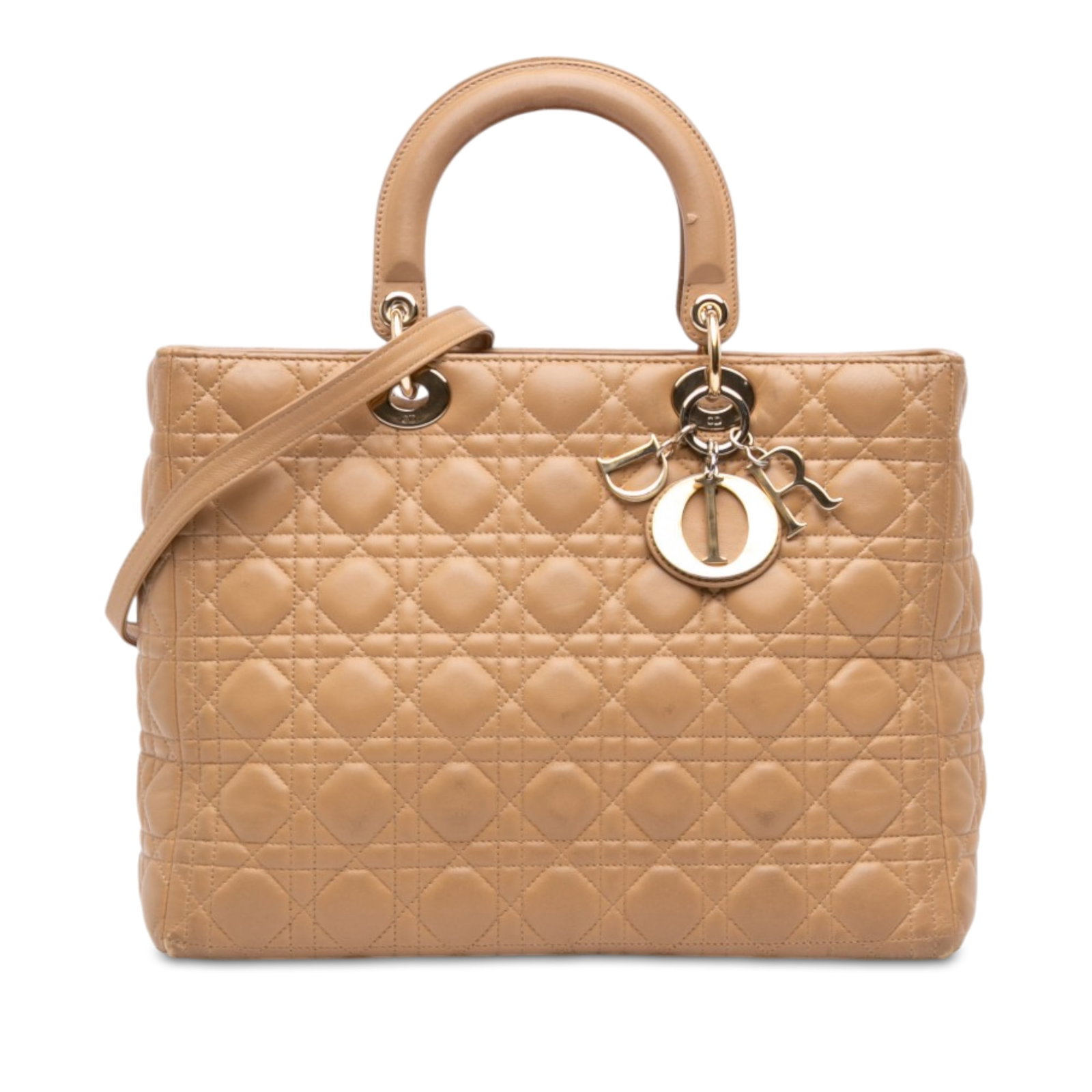 Dior Lady Dior Large Cannage Lambskin Leather Handbag Beige: Dior Lady Dior Large Cannage Lambskin Leather Handbag Beige Large Lady Dior handbag in beige lambskin leather with the signature Cannage quilted design. It features flat top handles, a detachable flat