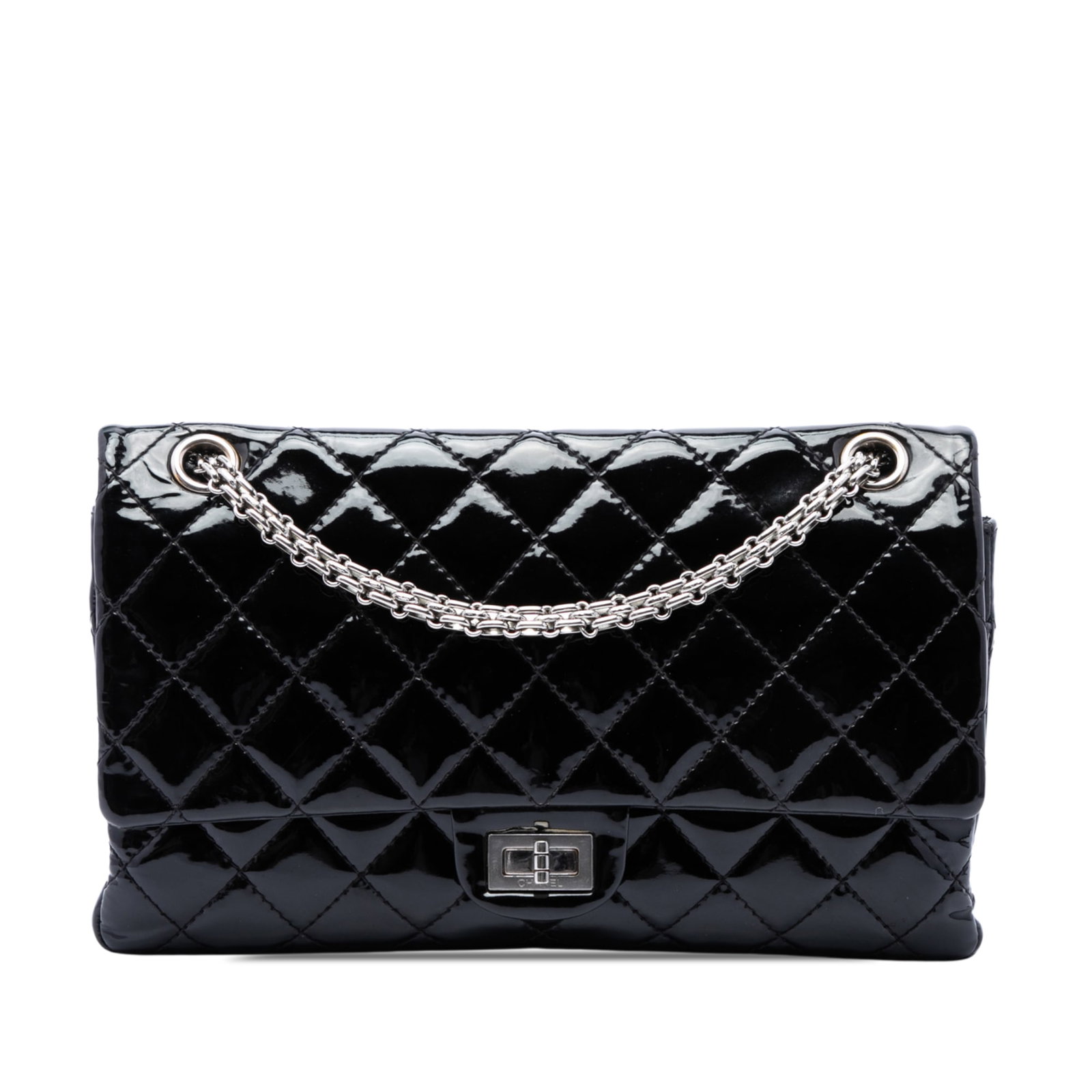 Chanel 226 Reissue 2.55 Double Flap Patent Leather Bag: Chanel 226 Reissue 2.55 Double Flap Patent Leather Bag A Chanel Reissue 2.55 Double Flap 226 in black quilted patent leather. This bag features a silver-tone chain strap, double front flaps with a twi