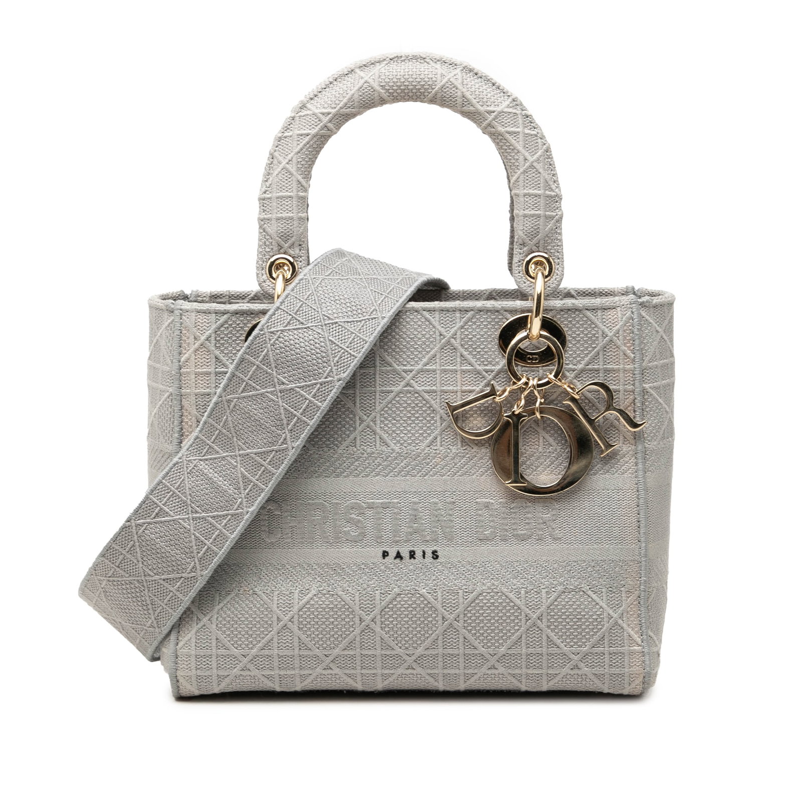 Dior Lady D Lite Medium Cannage Embroidered Canvas Bag: Dior Lady D Lite Medium Cannage Embroidered Canvas Bag A Dior Lady D Lite medium bag crafted in embroidered canvas with the Cannage motif. This structured design features flat top handles, a detachabl