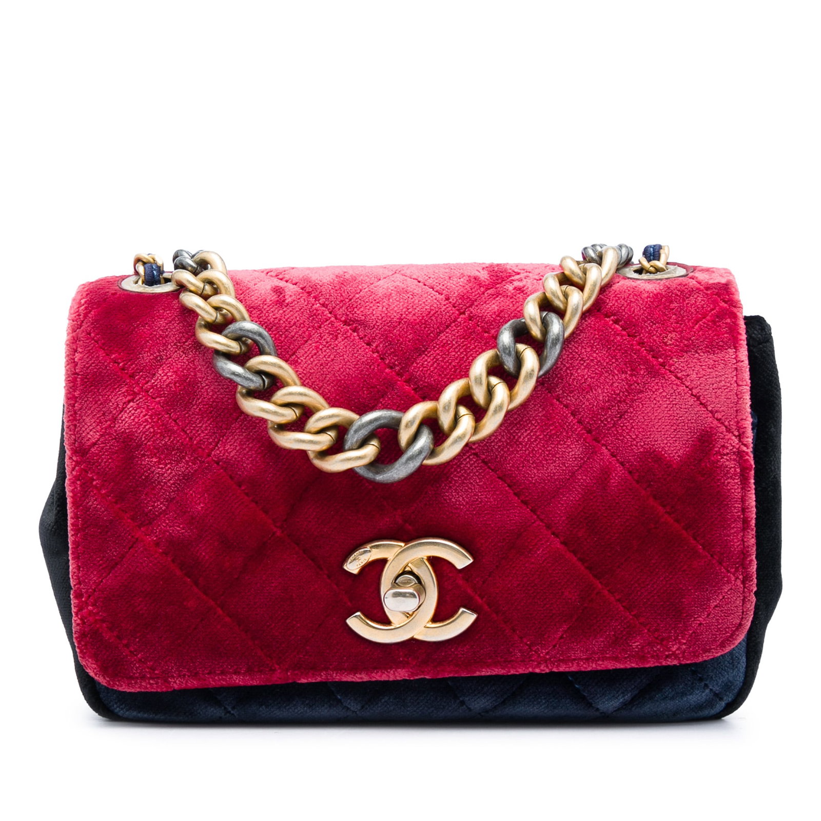 Chanel Private Affair Camellia Flap Small Tricolor Quilted Velvet Bag: Chanel Private Affair Camellia Flap Small Tricolor Quilted Velvet Bag Small tricolor quilted velvet flap bag with a chain link handle, leather-woven chain strap, front twist-lock closure, exterior fro