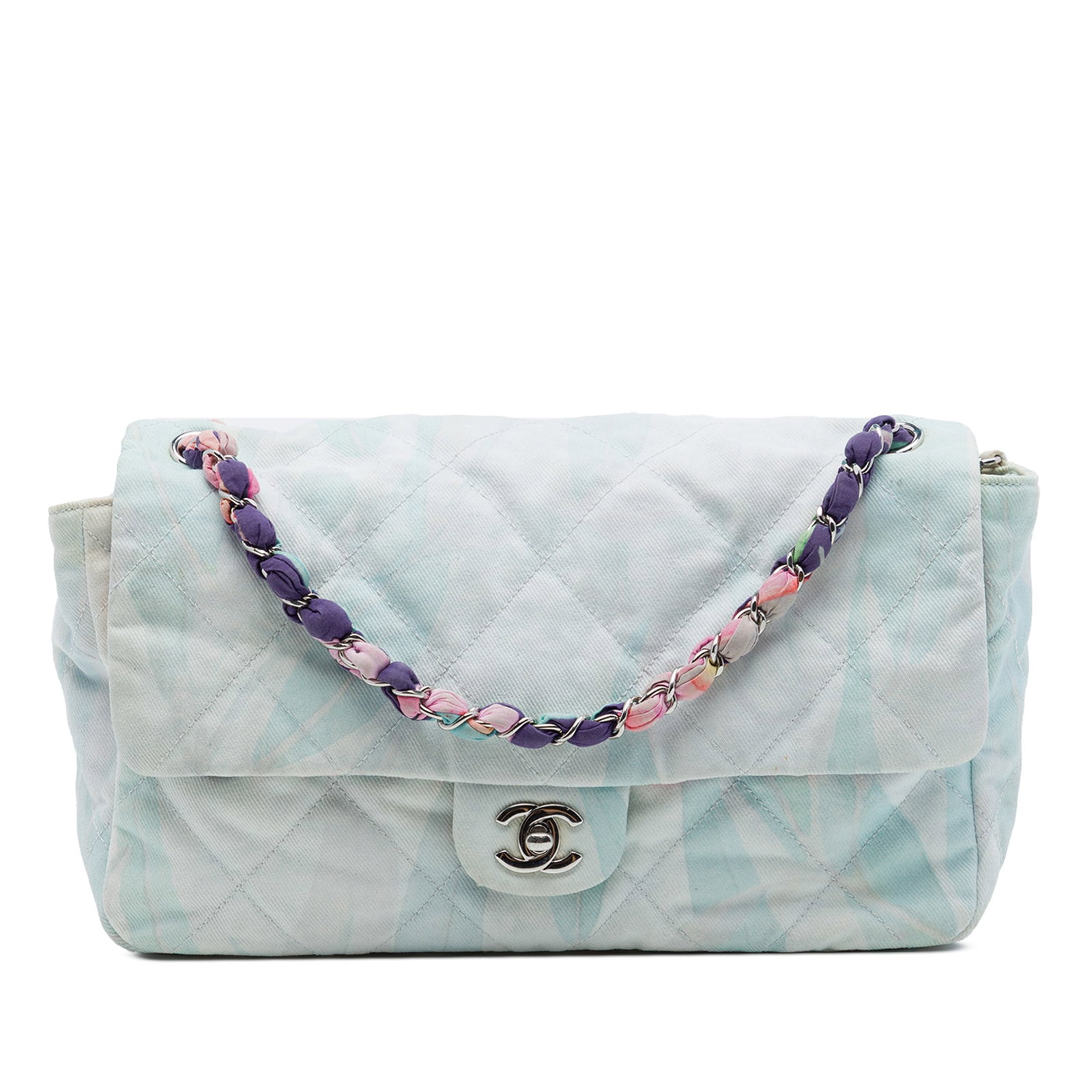 Chanel Jungle Jeans CC Flap Shoulder Bag Quilted Denim: Chanel Jungle Jeans CC Flap Shoulder Bag Quilted Denim A Chanel shoulder bag in blue quilted printed denim with the CC turn-lock flap design. It features a fabric woven chain link shoulder strap and a