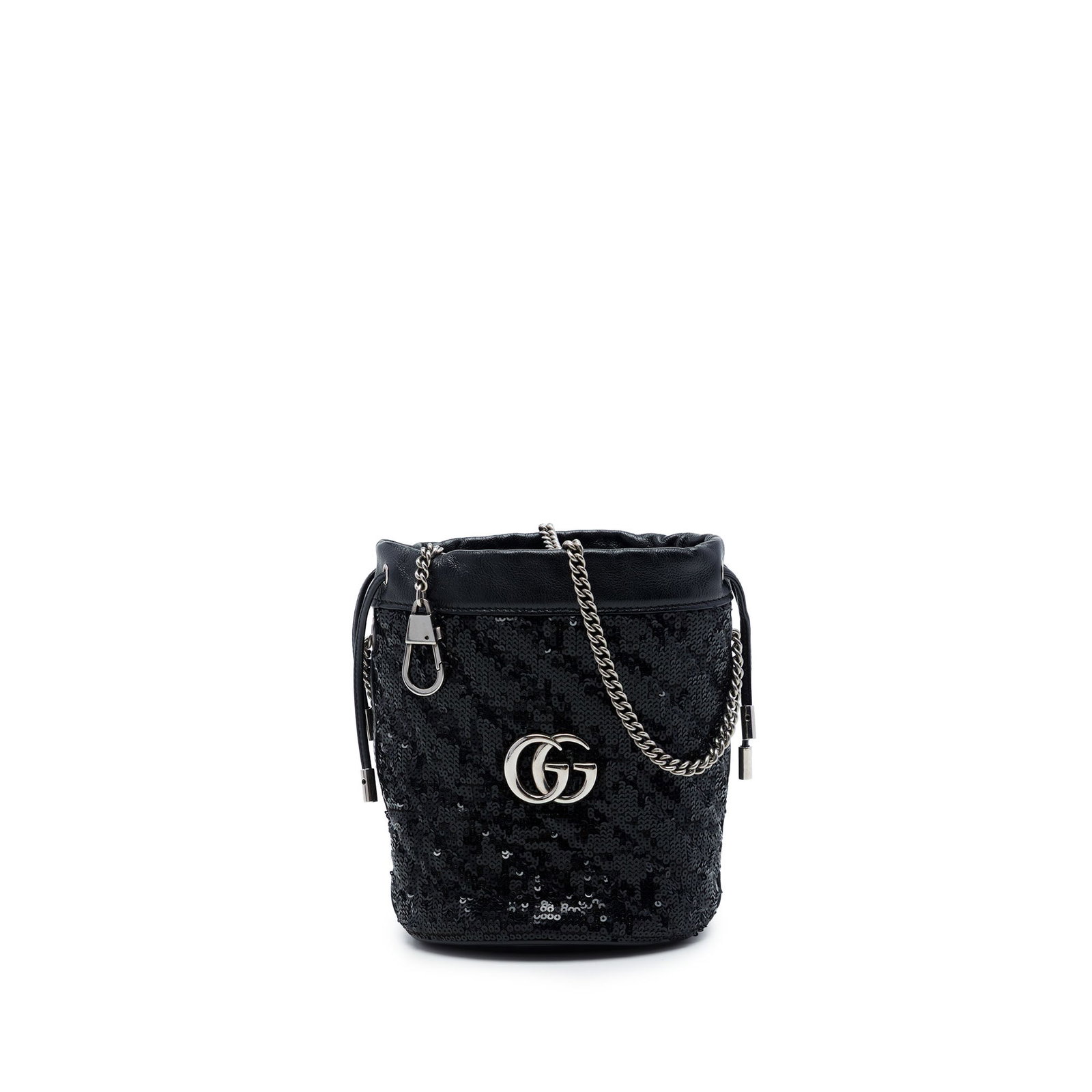 Gucci GG Marmont Small Bucket Bag in Black Sequined Calfskin: Gucci GG Marmont Small Bucket Bag in Black Sequined Calfskin A Gucci Small GG Marmont bucket bag crafted in black calfskin with diagonal matelasse quilting and sequined detailing. The design features 