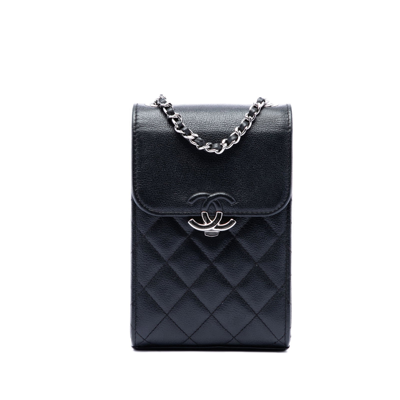 Chanel CC Phone Holder Crossbody in Black Quilted Caviar Leather: Chanel CC Phone Holder Crossbody in Black Quilted Caviar Leather Chanel CC Quilted Caviar Phone Holder with Chain in black leather. This crossbody bag features a quilted caviar body, a leather-woven c