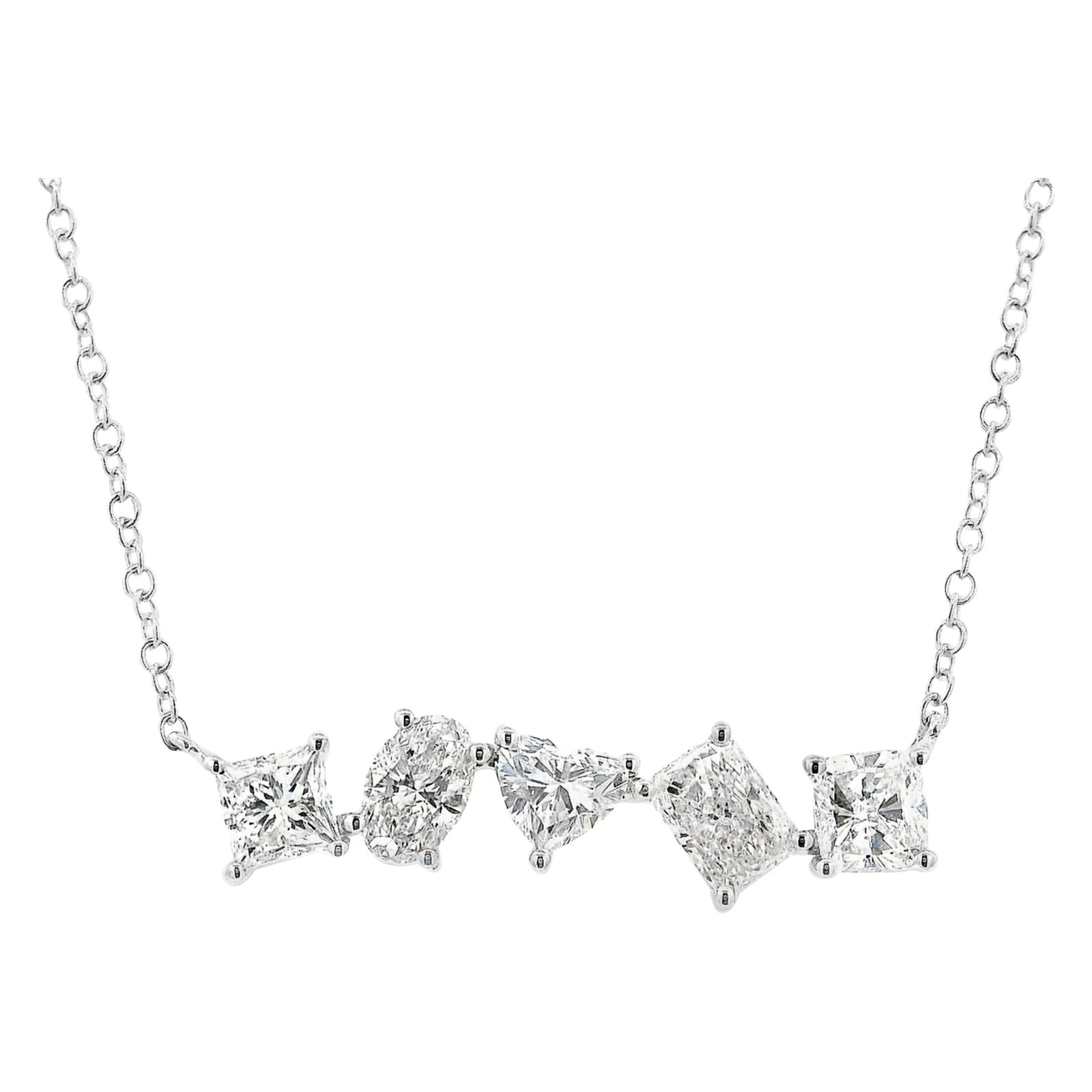 18k White Gold 2.00ct Diamond Pendant Necklace: 18k White Gold 2.00ct Diamond Pendant Necklace Contemporary mixed diamond pendant necklace featuring five diamonds in oval, princess, heart, radiant, and cushion cuts, totaling 2.00 ct. Crafted in 18k