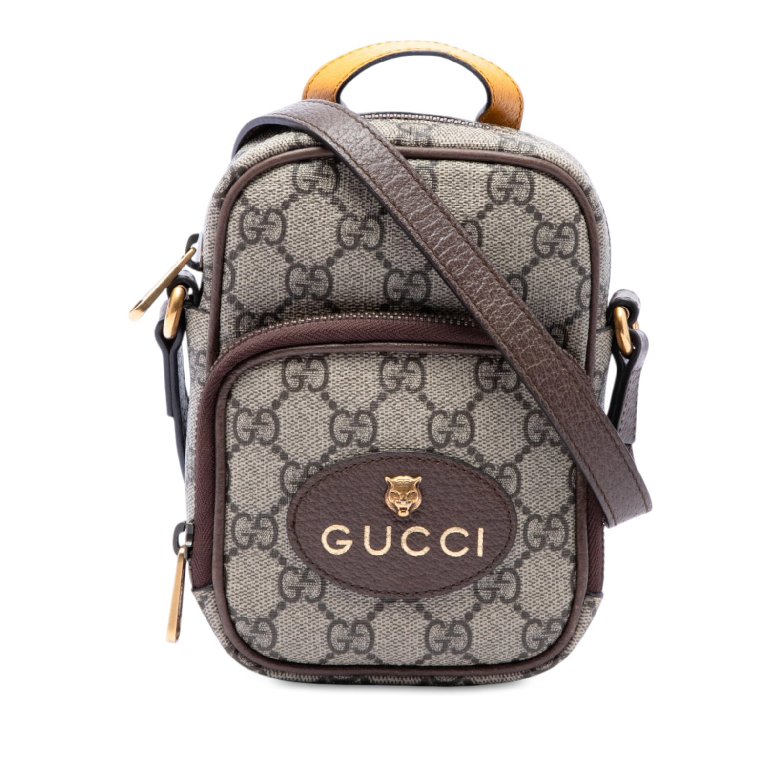 Gucci Neo Vintage Mini Satchel in GG Supreme Canvas: Gucci Neo Vintage Mini Satchel in GG Supreme Canvas Compact Gucci satchel in beige GG Supreme coated canvas with leather trim. The bag features a flat leather handle, a flat leather strap, a top zip c