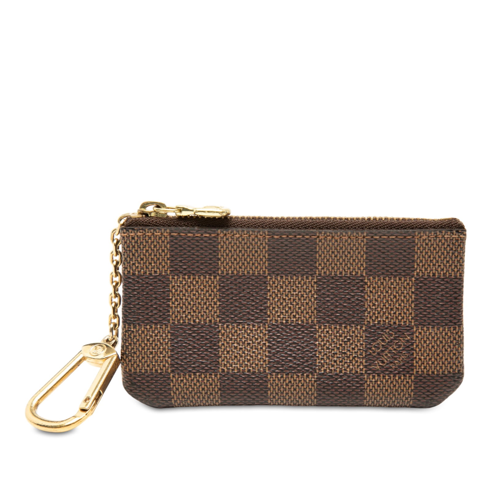 Louis Vuitton Damier Ebene key pouch with chain clasp: Louis Vuitton Damier Ebene key pouch with chain clasp A compact Louis Vuitton Pochette Cles in Damier Ebene canvas with a top zip closure and chain attachment with lobster clasp. This small leather go