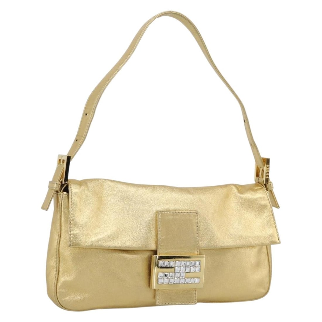 Fendi Mamma Baguette Leather Shoulder Bag Rhinestone Gold Tone: Fendi Mamma Baguette Leather Shoulder Bag Rhinestone Gold Tone Fendi Mamma Baguette shoulder bag in leather with a gold tone finish. It comes with a dust bag and was made in Italy. The bag is in Rank 