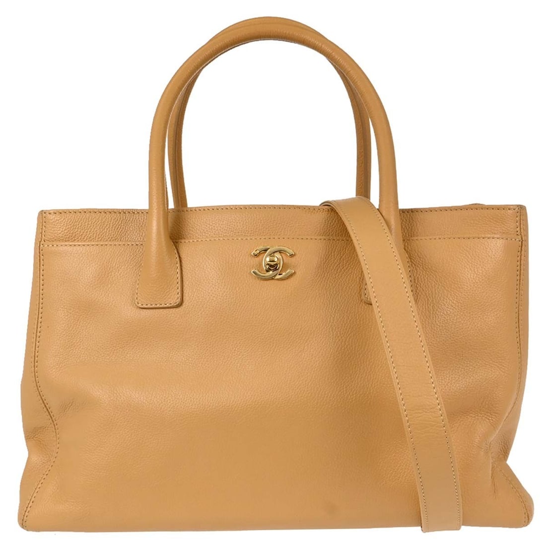 CHANEL Cerf Executive Beige Calfskin 2way Tote Bag: CHANEL Cerf Executive Beige Calfskin 2way Tote Bag Chanel Executive Cerf 2-way tote bag in beige calfskin with a turn-lock closure, double handles, and a detachable shoulder strap. This medium tote fe