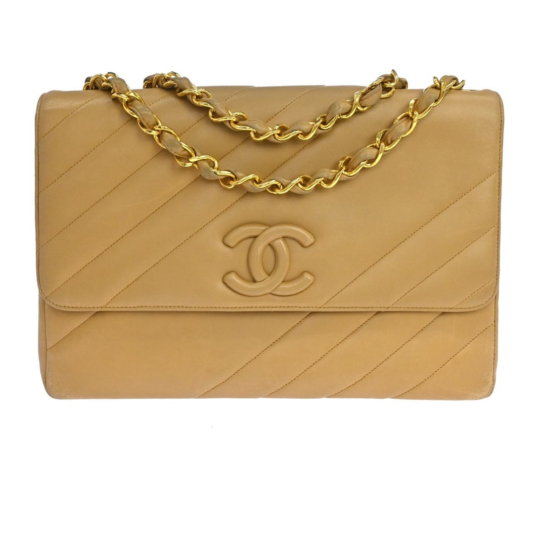 CHANEL Classic Flap Medium Beige Lambskin Shoulder Bag: CHANEL Classic Flap Medium Beige Lambskin Shoulder Bag Vintage Chanel medium shoulder bag in beige lambskin leather with a bias stitch quilted finish. This women's bag features a button closure, adjus