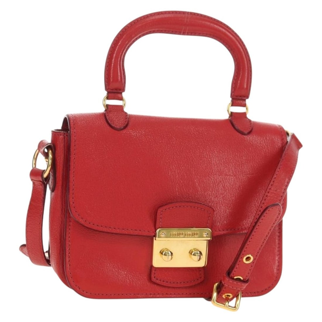 Miu Miu Red Leather 2way Handbag with Strap Dust Bag: Miu Miu Red Leather 2way Handbag with Strap Dust Bag Red leather 2-way handbag with gold-tone accents, designed for women and made in Italy. Includes a top handle and a detachable shoulder strap for m