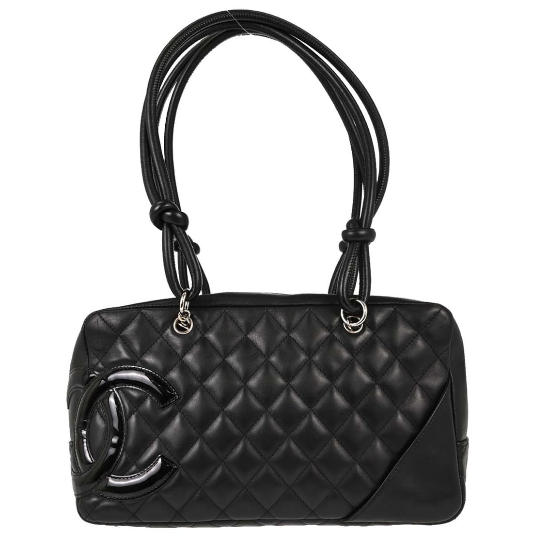 CHANEL Cambon Ligne black calfskin bowling handbag: CHANEL Cambon Ligne black calfskin bowling handbag Chanel Cambon Ligne Bowling Bag in black calfskin leather with a quilted logo design and silver-tone hardware. This medium top handle bag features do