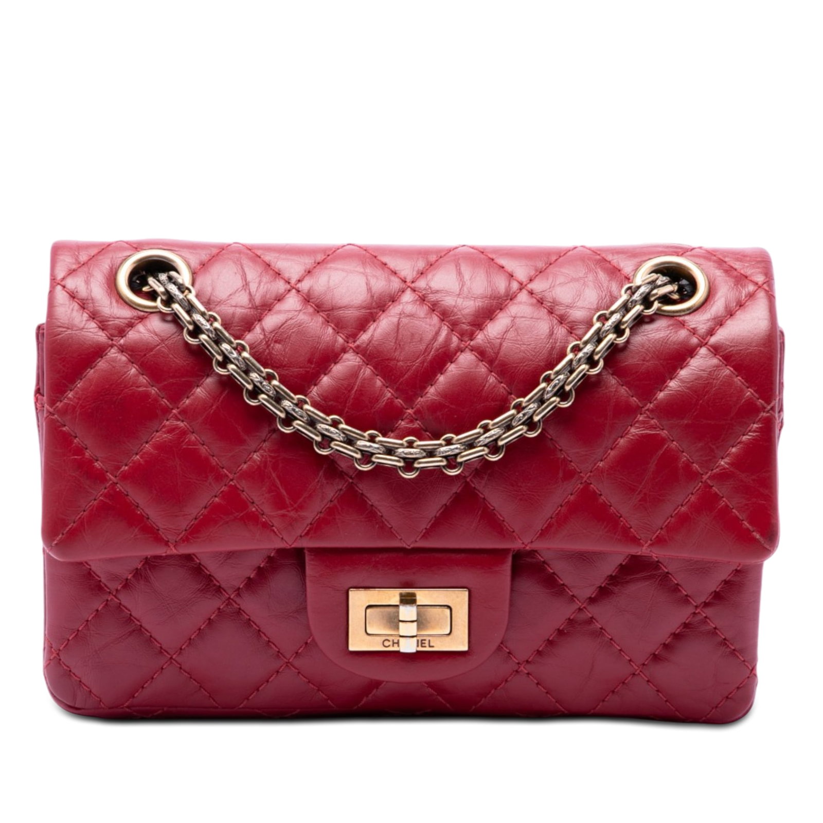 Chanel Reissue 2.55 224 red quilted calfskin crossbody bag: Chanel Reissue 2.55 224 red quilted calfskin crossbody bag A Chanel Reissue 2.55 Single Flap 224 crossbody bag in red quilted aged calfskin. This bag features a front flap with turn-lock closure, chai