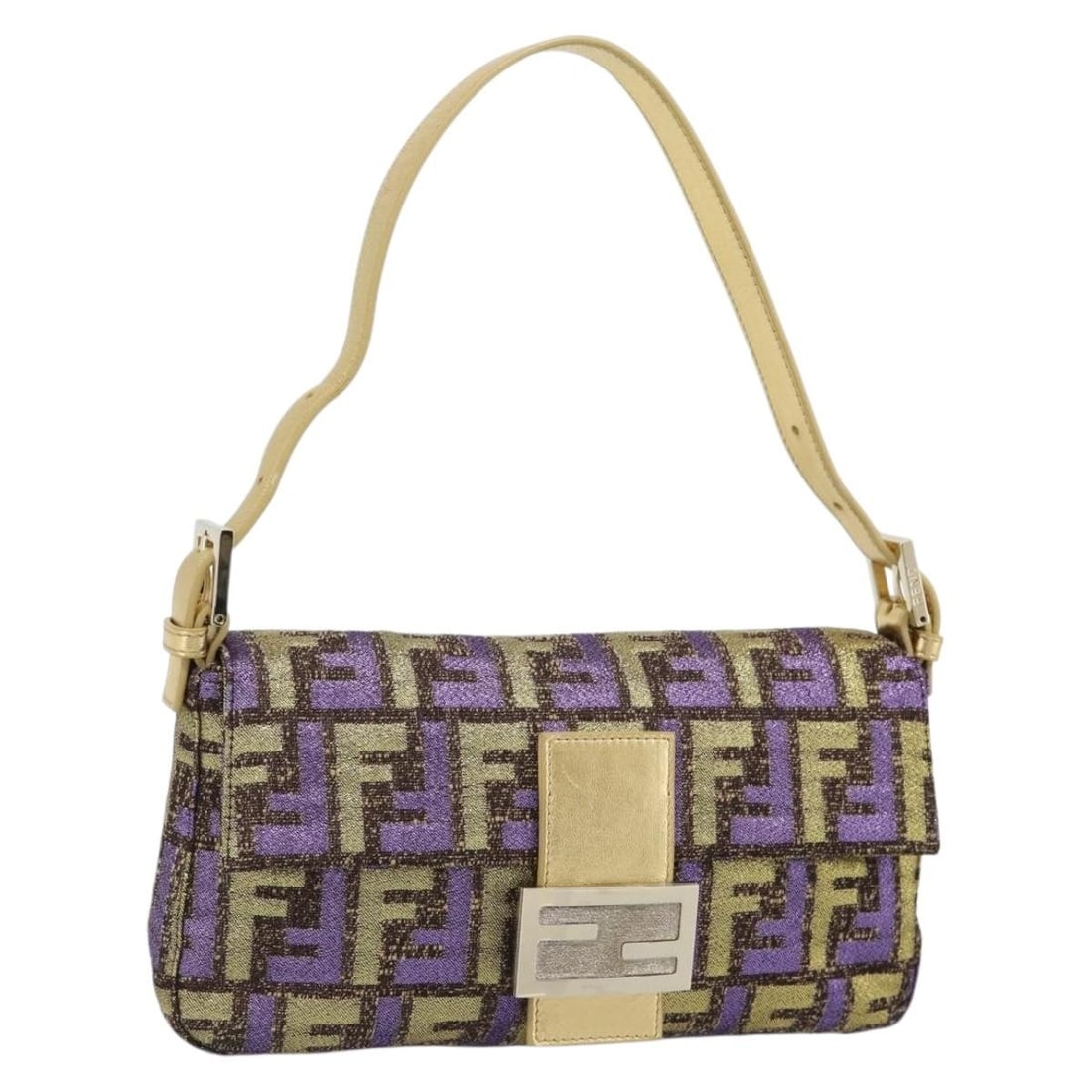FENDI Mamma Baguette Shoulder Bag in Purple Zucca Canvas: FENDI Mamma Baguette Shoulder Bag in Purple Zucca Canvas Fendi Mamma Baguette shoulder bag in purple and gold Zucca canvas. This women's bag includes a dust bag and is made in Italy. Condition is rate
