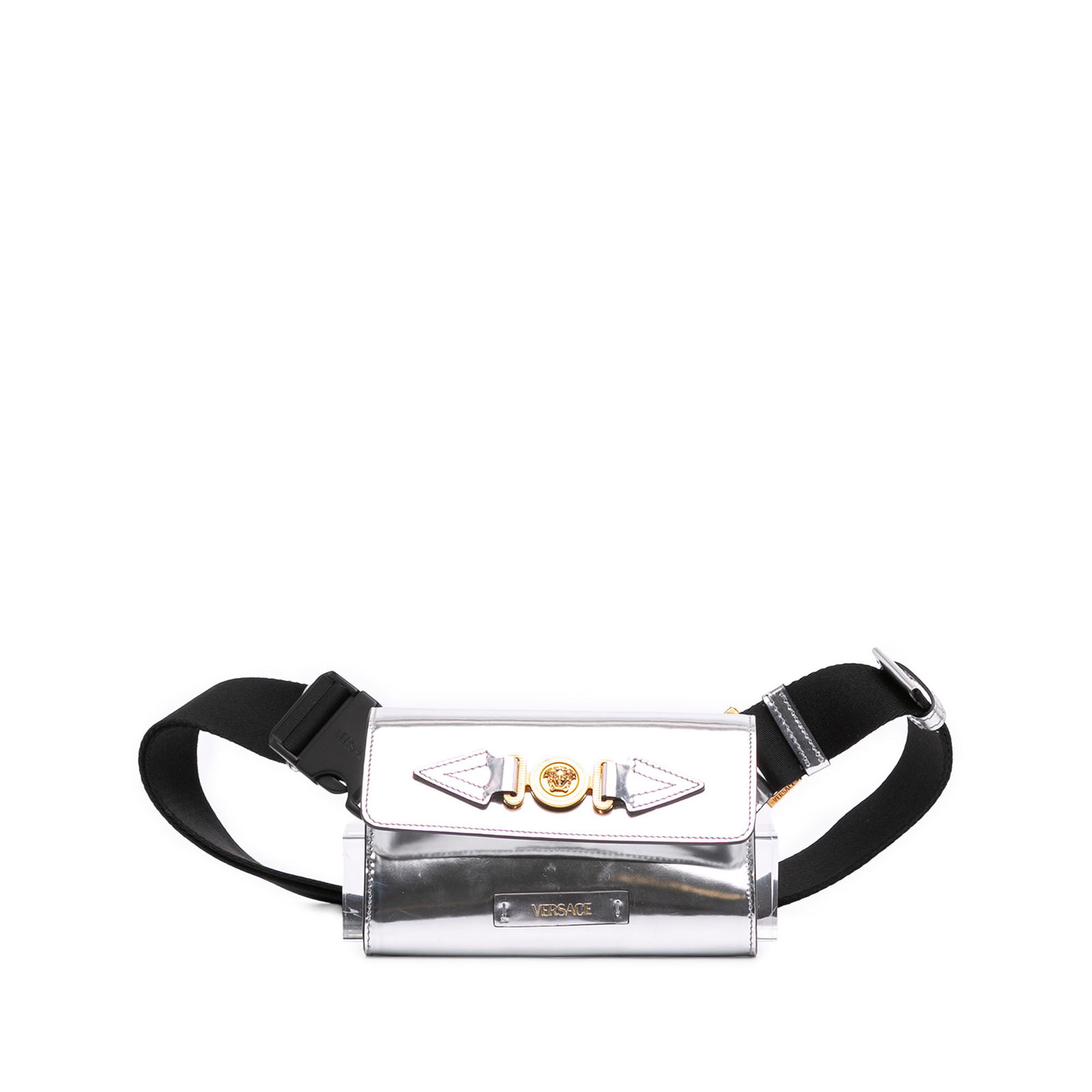 Versace La Medusa Biggie Metallic Calfskin Leather Belt Bag: Versace La Medusa Biggie Metallic Calfskin Leather Belt Bag Versace Metallic Calfskin La Medusa Biggie Belt Bag in silver metallic leather. Features a flat waist strap with buckle closure, a top flap 
