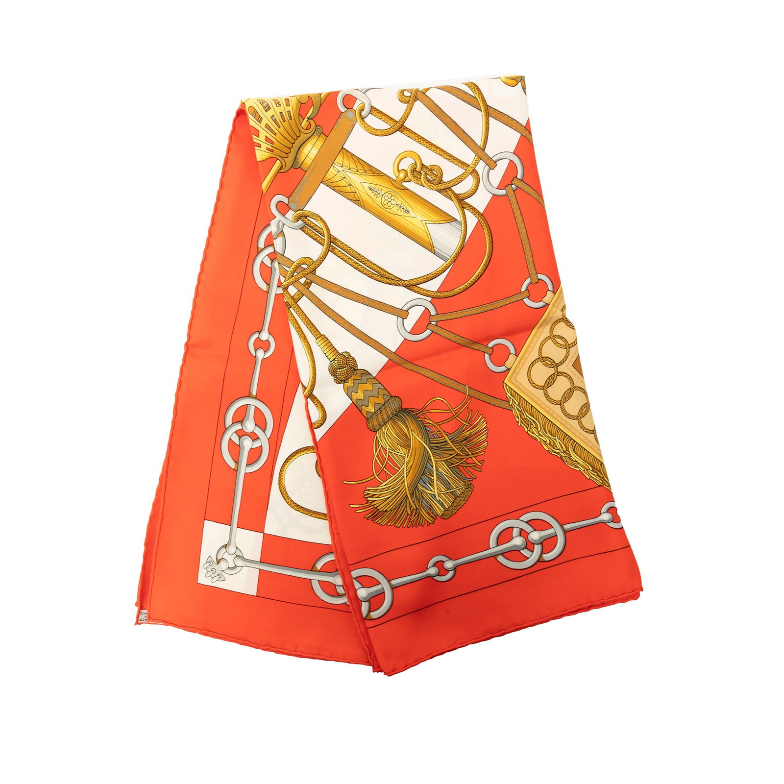 Hermes Cliquetis 90 silk scarf red made in France: Hermes Cliquetis 90 silk scarf red made in France Hermes Cliquetis Silk Scarf 90 in red with a printed silk design. Made in France. Condition is AB, with cut stitching and staining noted on the exteri