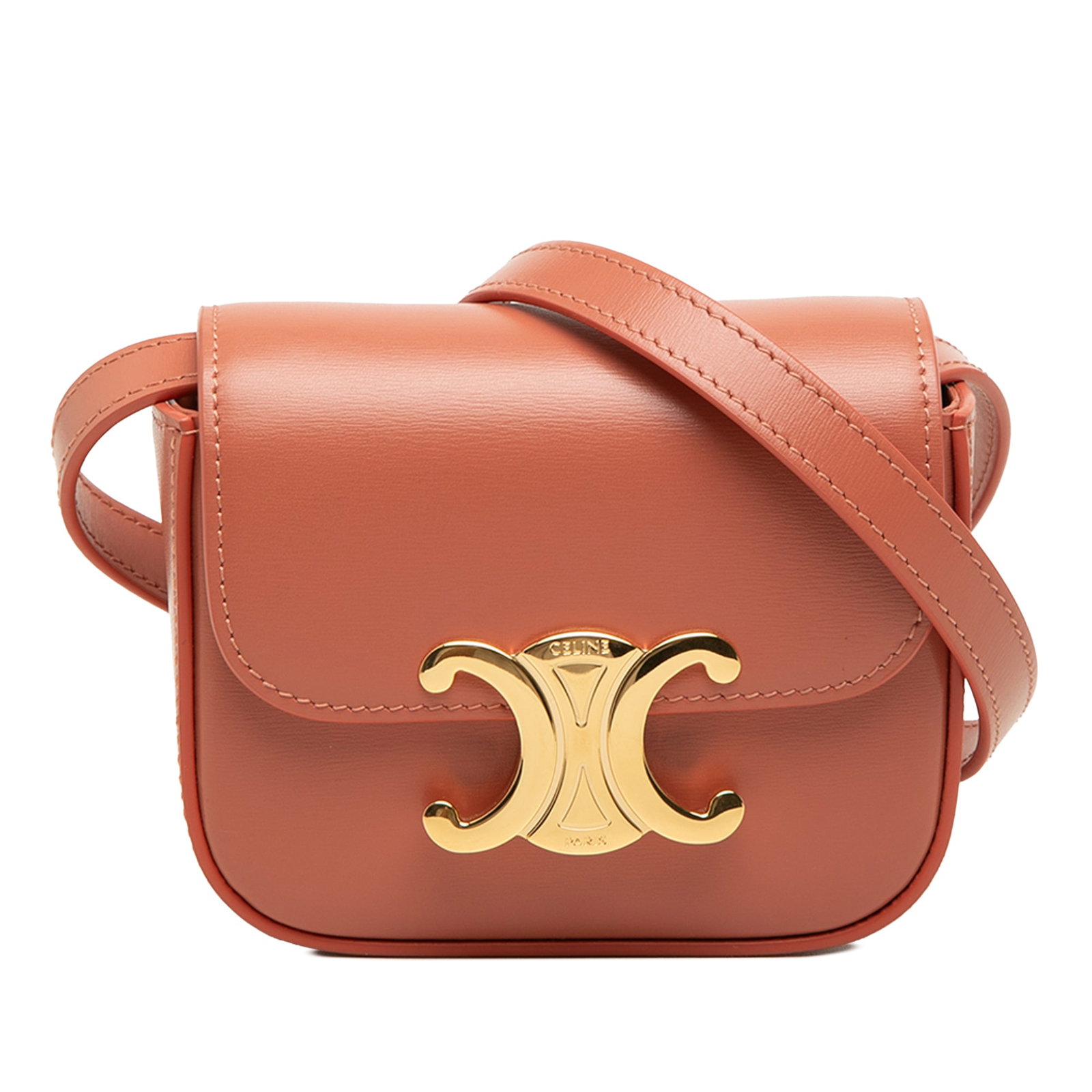 Celine Triomphe Mini Crossbody Bag in Brown Shiny Calfskin: Celine Triomphe Mini Crossbody Bag in Brown Shiny Calfskin Compact and structured, this Celine Mini Shiny Calfskin Triomphe Crossbody is crafted in leather and designed with an adjustable flat strap f
