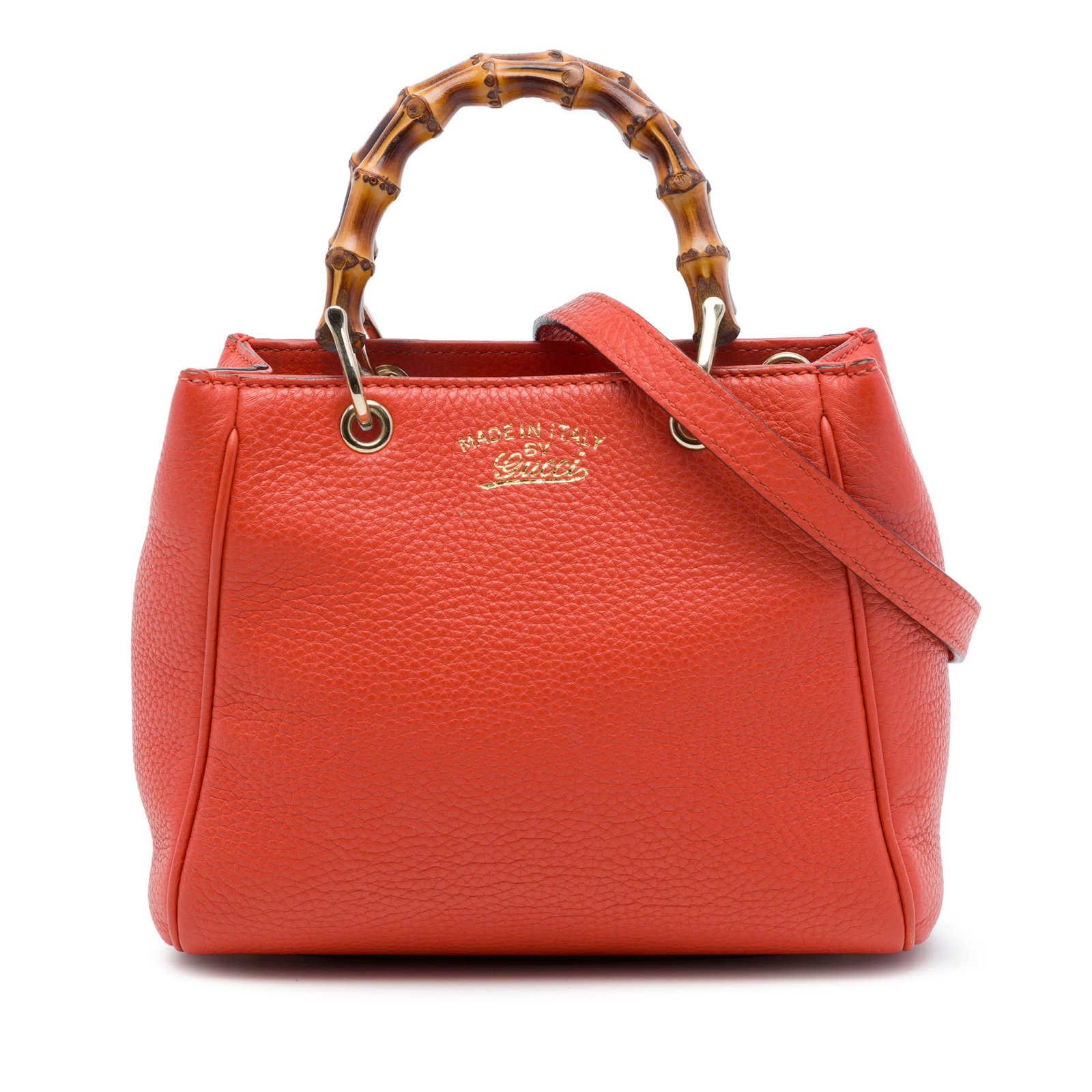 Gucci Bamboo Shopper Mini Calfskin Leather Satchel Orange: Gucci Bamboo Shopper Mini Calfskin Leather Satchel Orange Gucci Mini Calfskin Bamboo Shopper Satchel in orange leather with bamboo top handles and a detachable, adjustable flat leather shoulder strap.