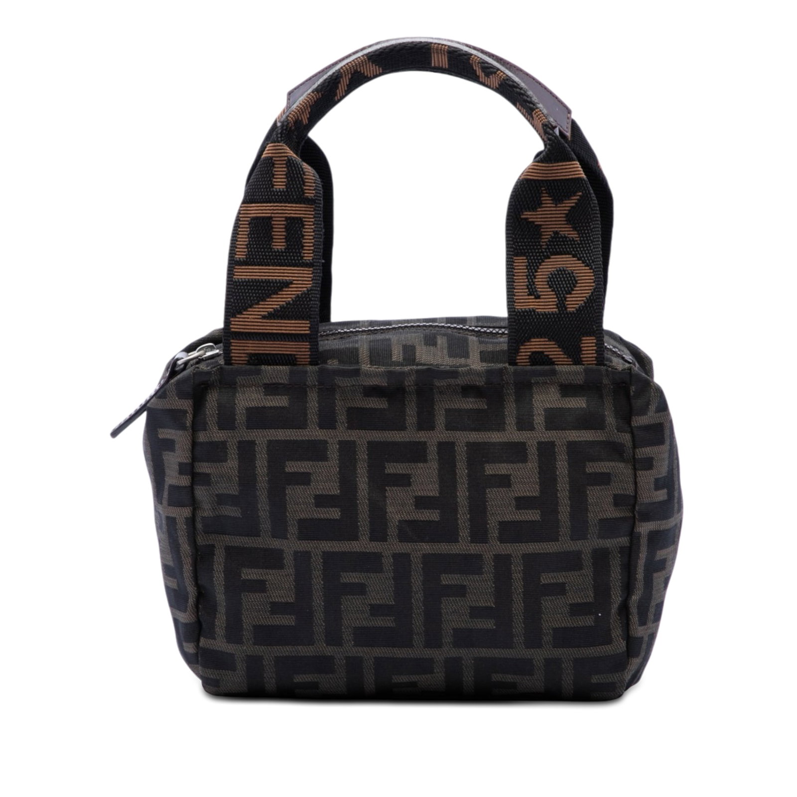 Fendi Mini Zucca Fabric Zip Top Handbag Brown: Fendi Mini Zucca Fabric Zip Top Handbag Brown Compact and recognizable, this Fendi Mini Zucca Canvas Handbag is crafted in brown fabric with flat handles and a top zip closure. Made in Italy, it offer