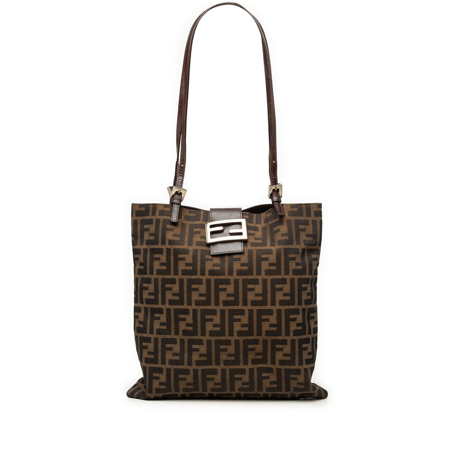 Fendi Zucca Tote Bag Brown Canvas and Leather: Fendi Zucca Tote Bag Brown Canvas and Leather Fendi Zucca canvas tote with a brown fabric exterior, adjustable flat leather straps, a top flap tab with magnetic closure, and an interior zip pocket. Ma