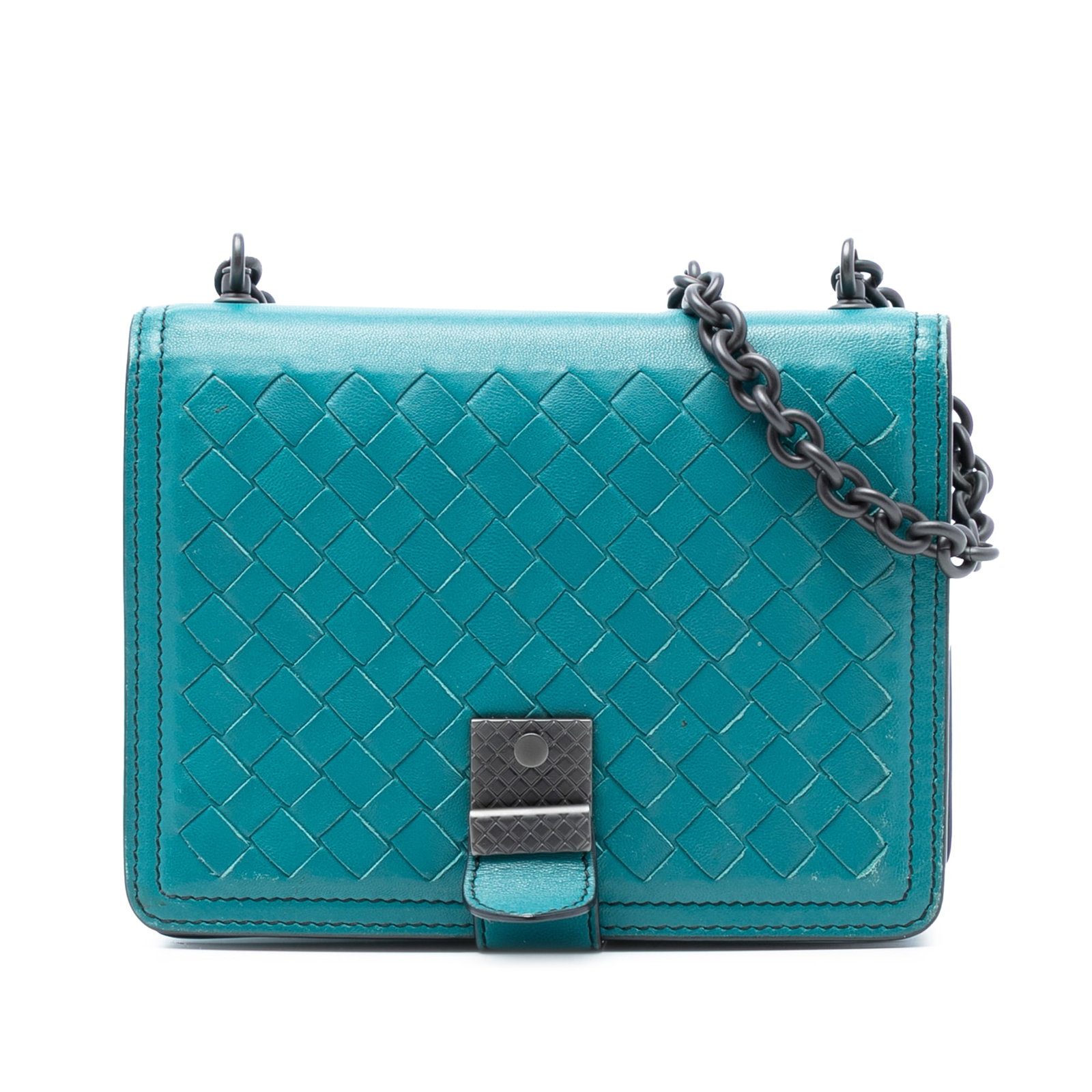 Bottega Veneta Mini Intrecciato Blue Nappa Leather Chain Shoulder Bag: Bottega Veneta Mini Intrecciato Blue Nappa Leather Chain Shoulder Bag This Bottega Veneta Mini Nappa Intrecciato Runway Shoulder Bag features a woven nappa leather body in blue, a chain link strap wit
