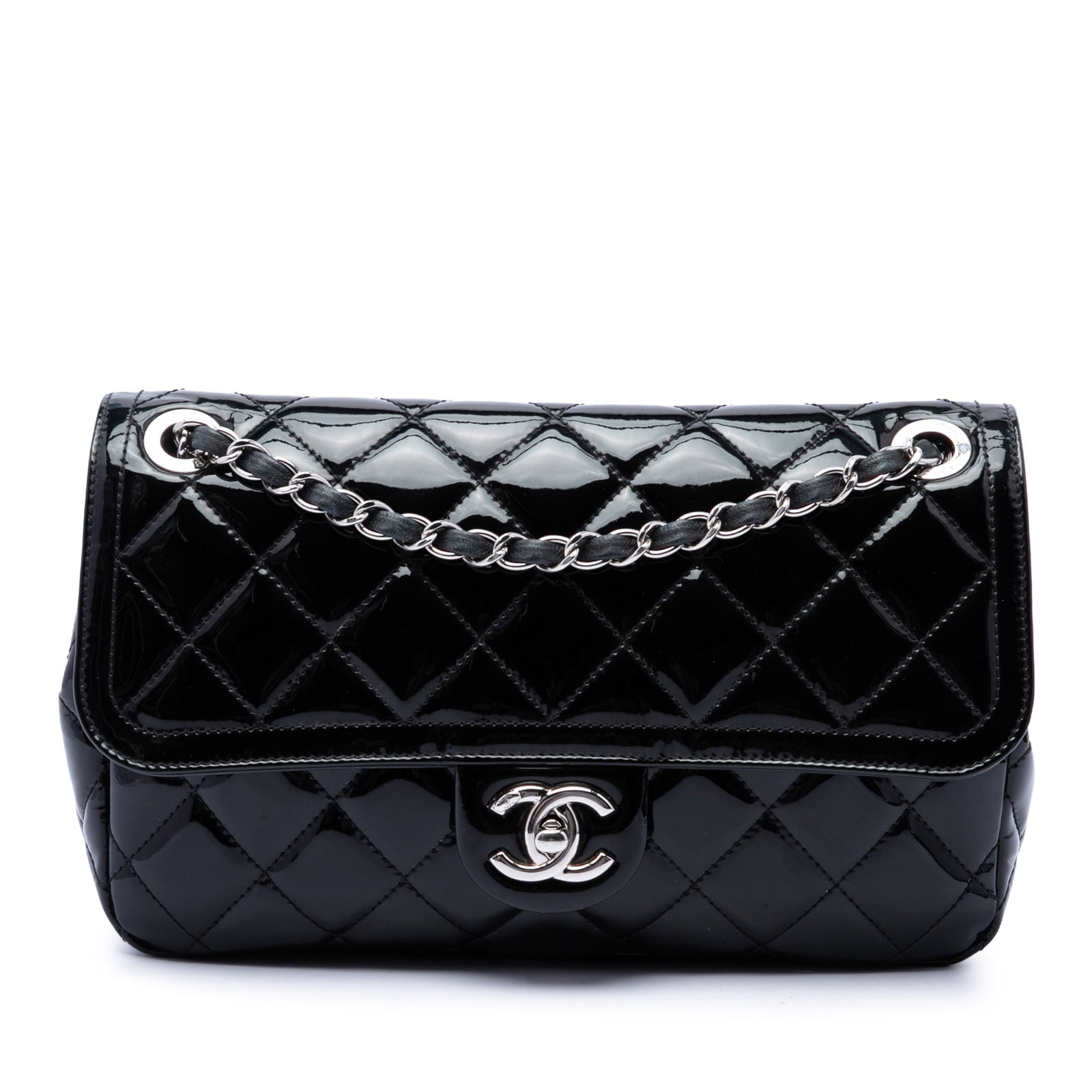 Chanel Coco Shine Small Patent Quilted Flap Shoulder Bag: Chanel Coco Shine Small Patent Quilted Flap Shoulder Bag A Chanel Small Quilted Patent Coco Shine Flap shoulder bag in black patent leather. It features a quilted body, a leather-woven chain link stra