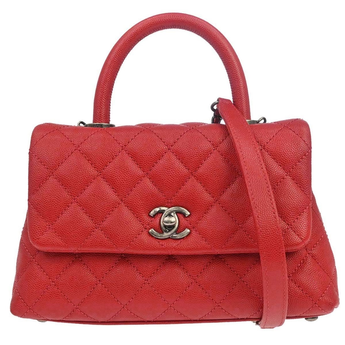 CHANEL Coco Handle Red Calfskin Top Handle Shoulder Bag: CHANEL Coco Handle Red Calfskin Top Handle Shoulder Bag Chanel Coco Handle 2way handbag in red calfskin leather with a structured top handle design and turn-lock closure. This medium bag features logo