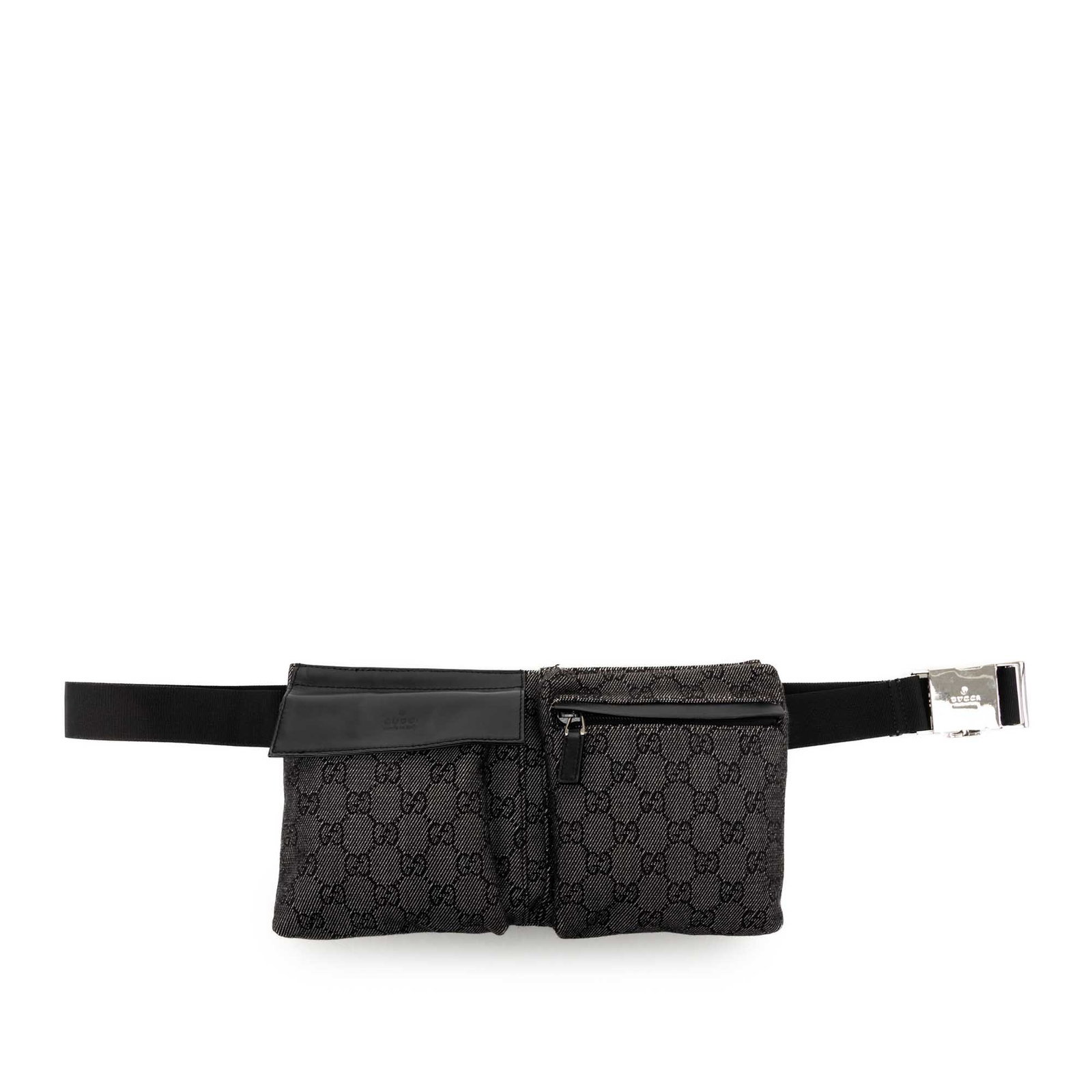 Gucci GG Denim Waist Bag with Double Front Pockets: Gucci GG Denim Waist Bag with Double Front Pockets Gucci GG Denim Double Pocket Belt Bag in gray fabric with leather trim. This belt bag features an adjustable flat waist strap, exterior front flap an