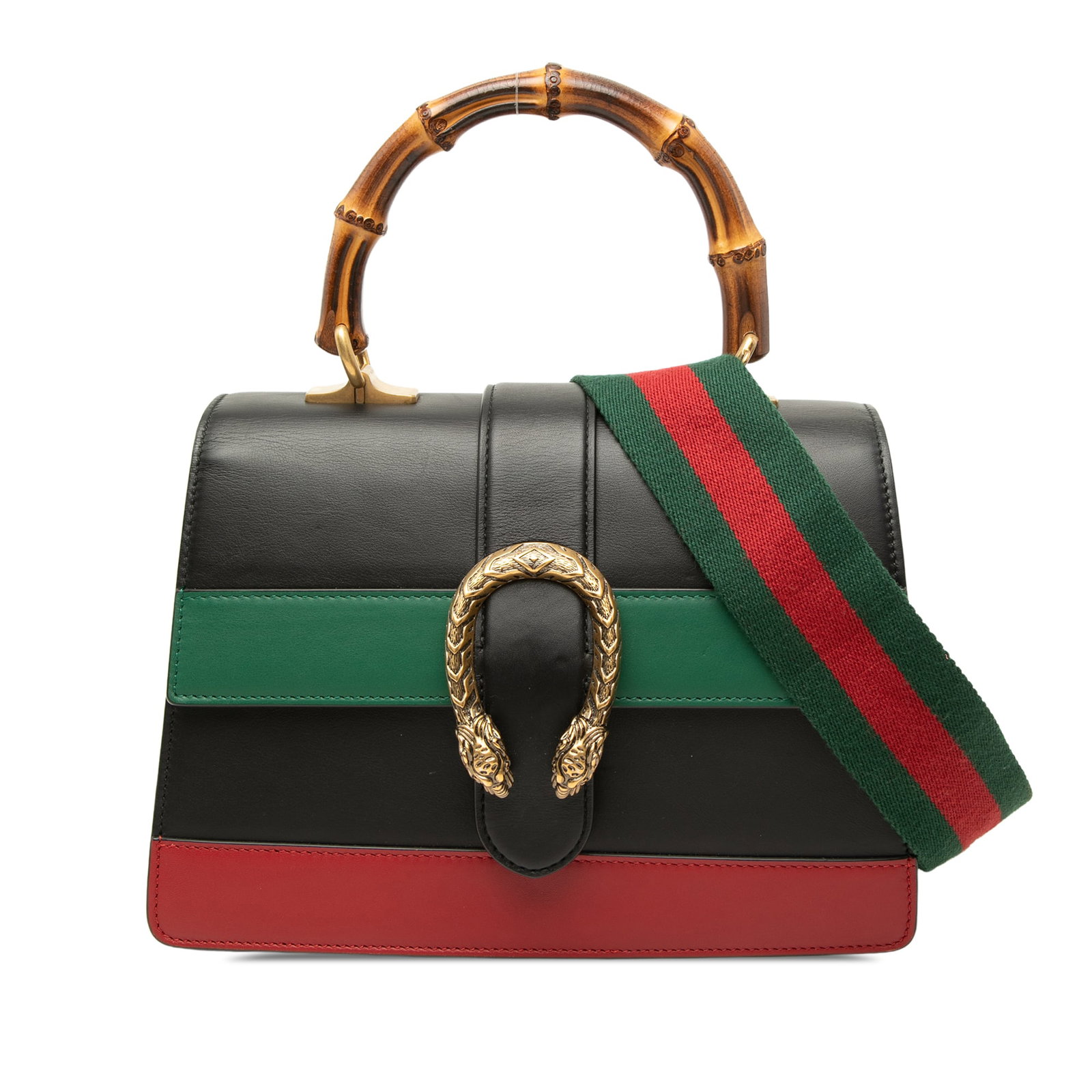 Gucci Dionysus Medium Satchel in Black Calfskin with Bamboo Handle: Gucci Dionysus Medium Satchel in Black Calfskin with Bamboo Handle A Gucci Dionysus satchel crafted in black calfskin leather with a bamboo top handle and a detachable flat web strap. The design featu