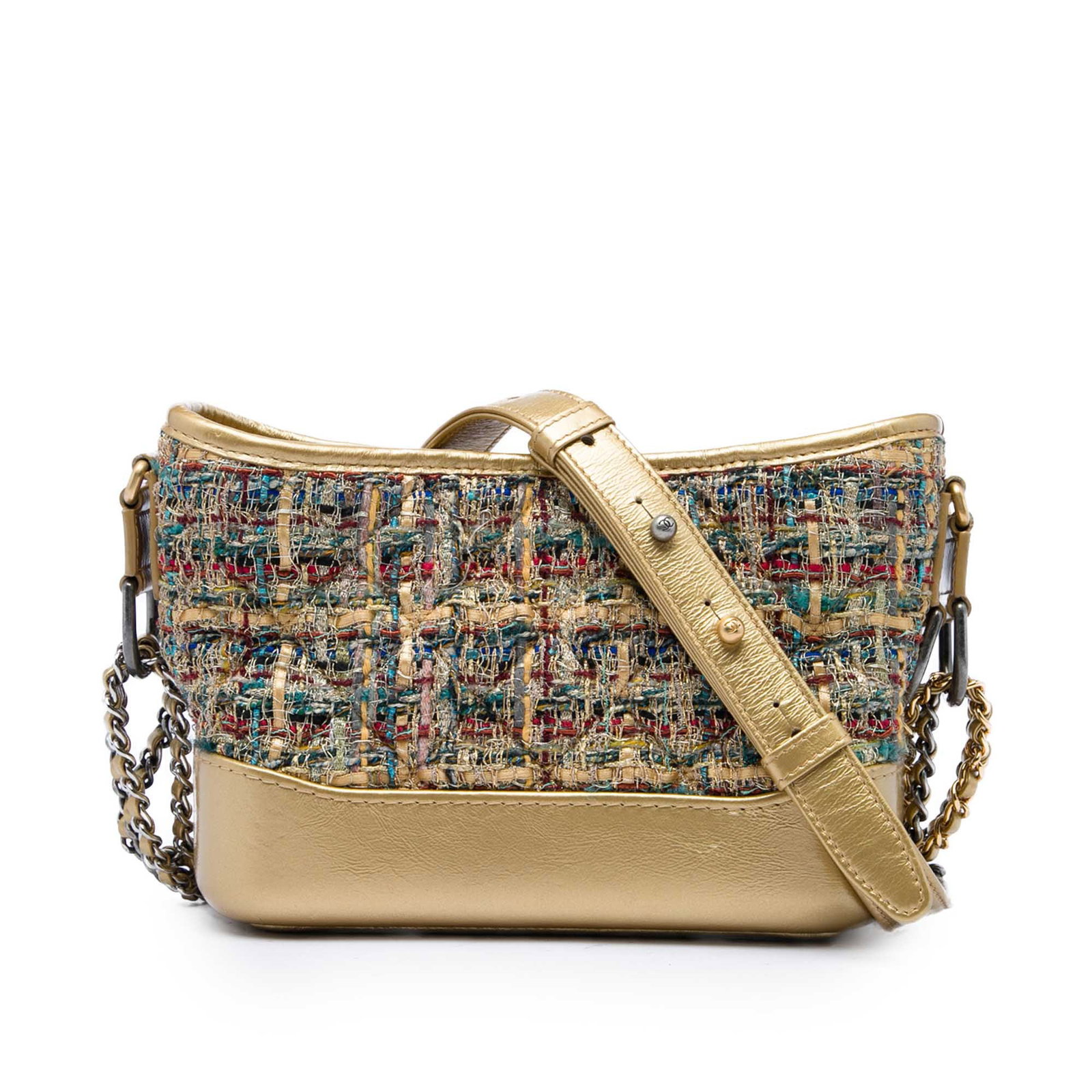 Chanel Gabrielle Small Crossbody in Tweed and Metallic Calfskin: Chanel Gabrielle Small Crossbody in Tweed and Metallic Calfskin A Chanel Gabrielle crossbody bag crafted with a quilted tweed and metallic calfskin body. This small bag features a leather-woven chain 