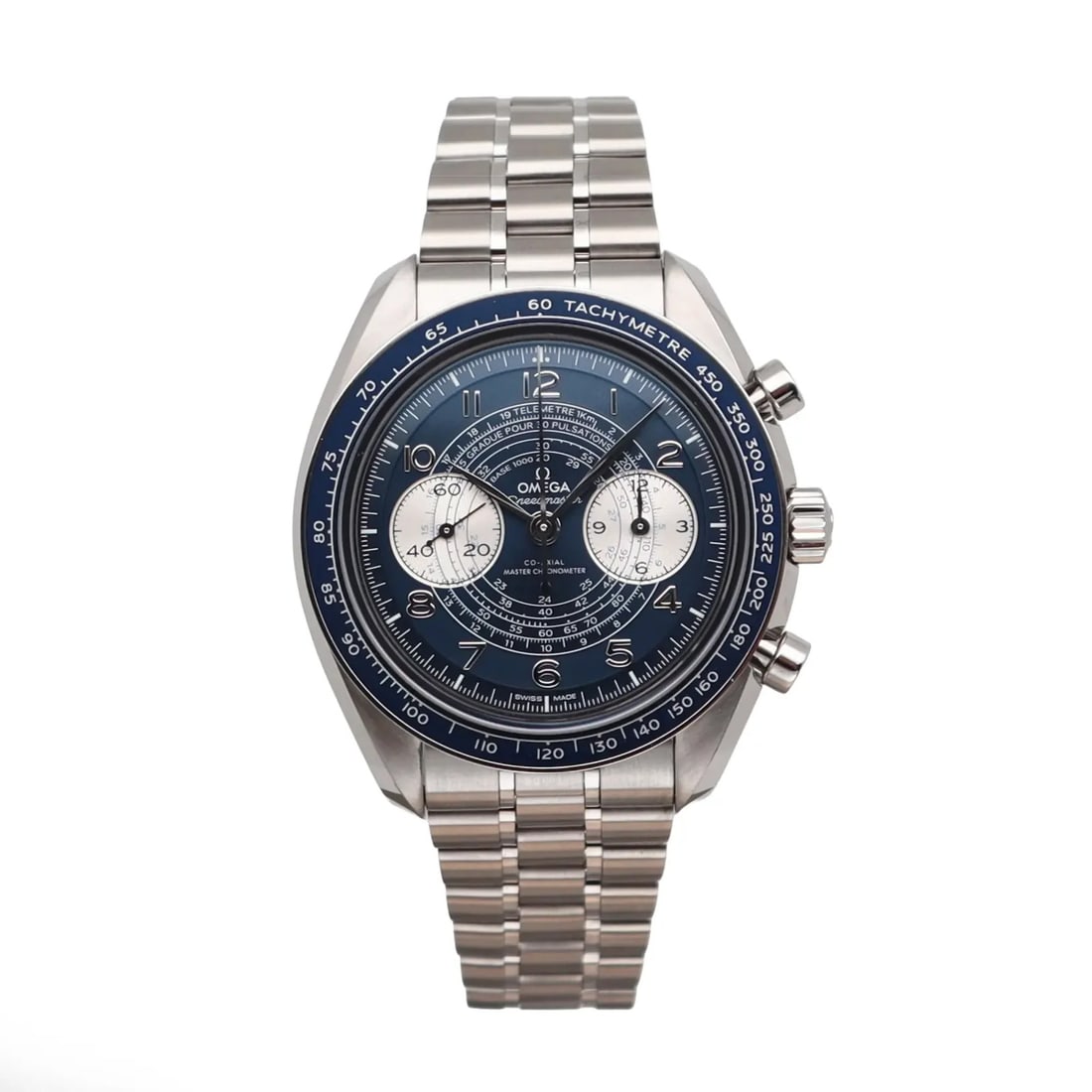 Omega Speedmaster Chronoscope Mens 43mm Steel Watch Blue Bezel 329.30.43.51.03.001: Omega Speedmaster Chronoscope Mens 43mm Steel Watch Blue Bezel 329.30.43.51.03.001 Omega Speedmaster Chronoscope men's wristwatch with a blue bezel, stainless steel case and bracelet, and an analog di