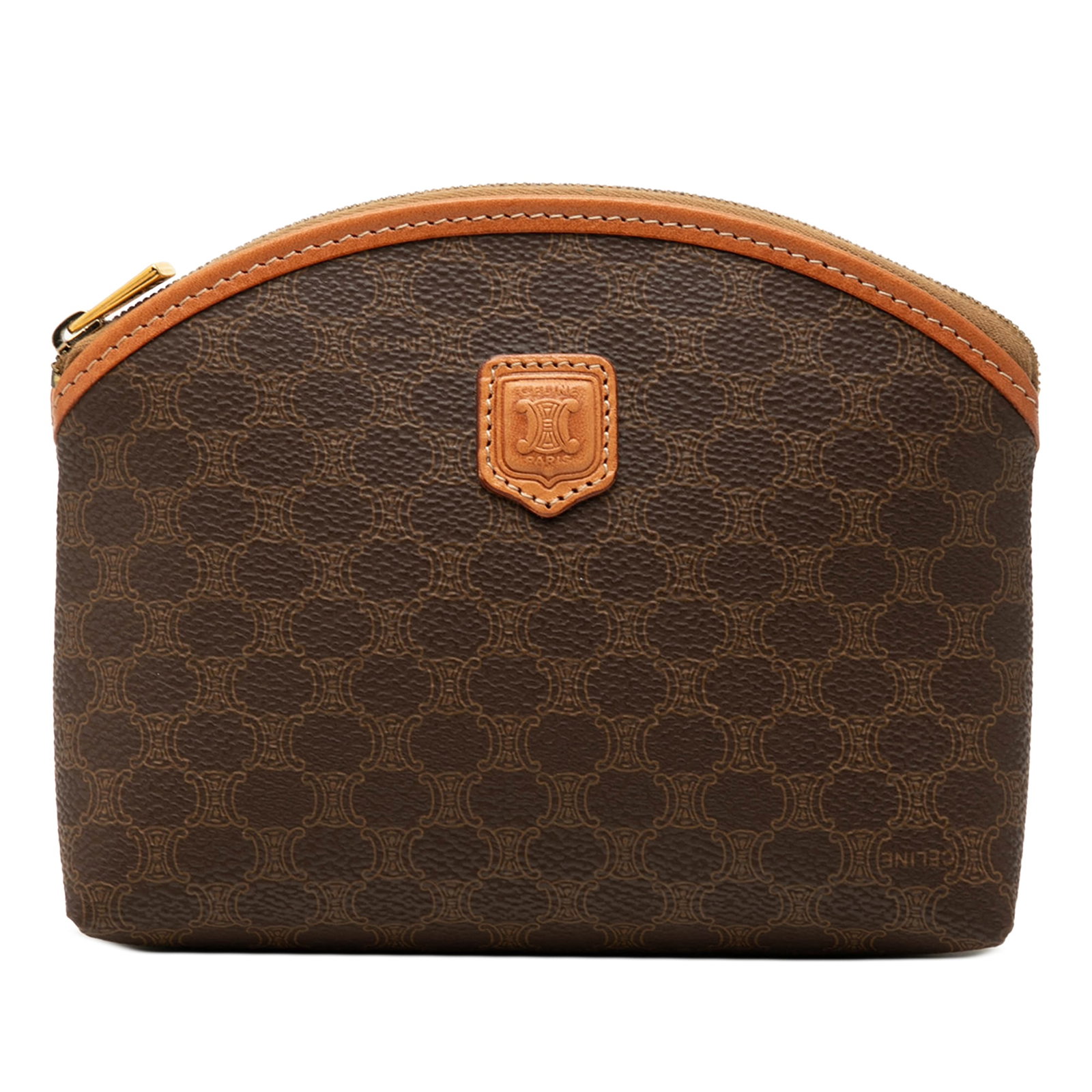 Celine Macadam Brown Coated Canvas Zip Pouch: Celine Macadam Brown Coated Canvas Zip Pouch Celine Macadam coated canvas pouch with leather trim and a top zip closure. Made in Italy, this compact piece shows visible wear consistent with prior use,